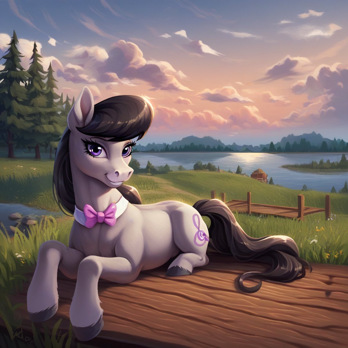 score_9, score_8_up, score_7_up, score_6_up, score_5_up, score_4_up, octavia melody, horse, mare, wild manes, solo, beautiful, bedroom eyes, cloud, cloudy, evening, grass, lake, looking at you, missing accessory, nature, outdoors, prone, reflection, scenery, sky, sunset, tree, scenery porn, pier, smiling, detailed, beautiful, <lora:Wild_Manes-000009:1>