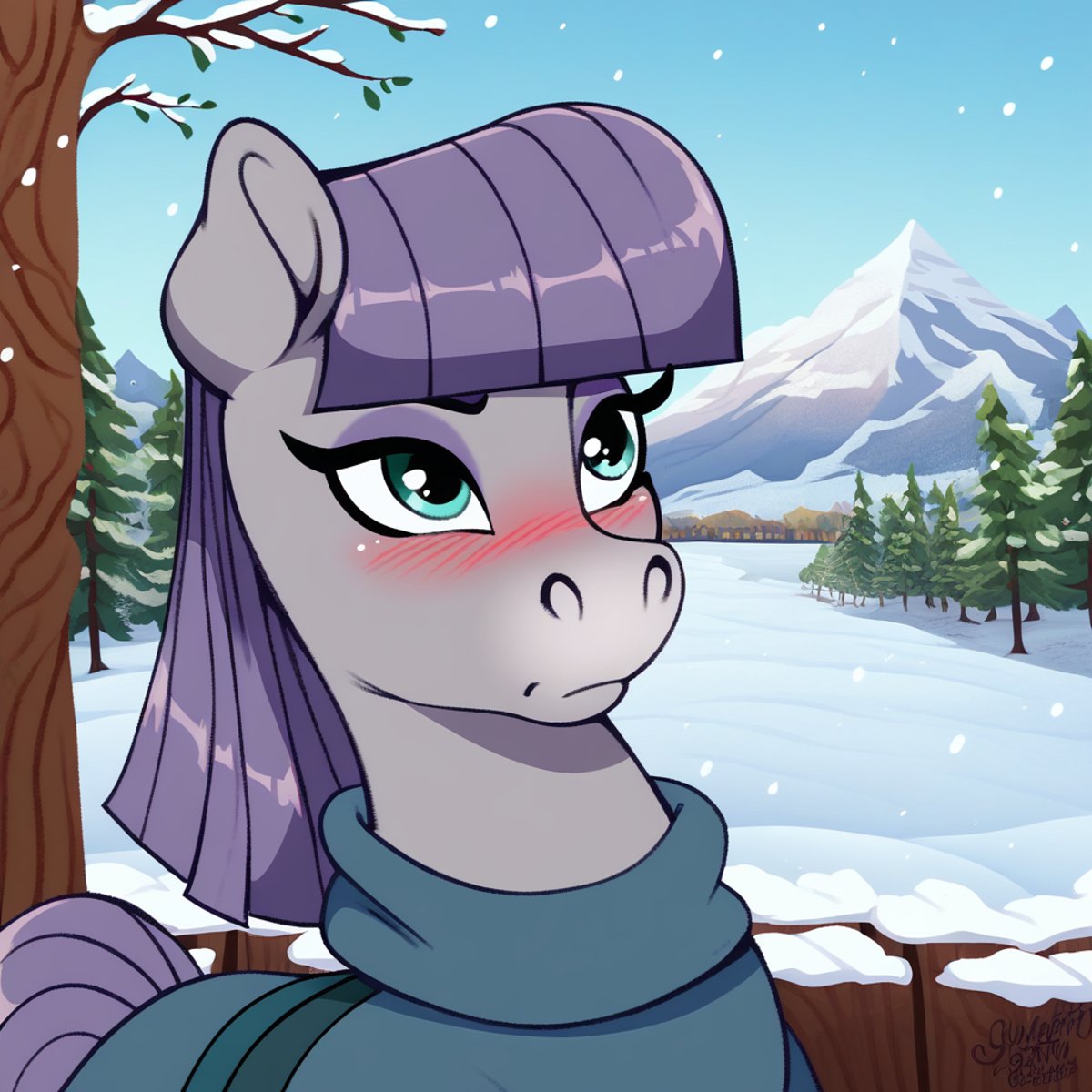 score_9, score_8_up, score_7_up, score_6_up, score_5_up, score_4_up, maud pie, horse, mare, wild manes, wild manesified, solo, blushing, clothes, cute, eyelashes, eyeshadow, high res, makeup, misleading thumbnail, mountain, scarf, snow, tree, winter, maudabetes, detailed, beautiful, <lora:Wild_Manes-000009:1>