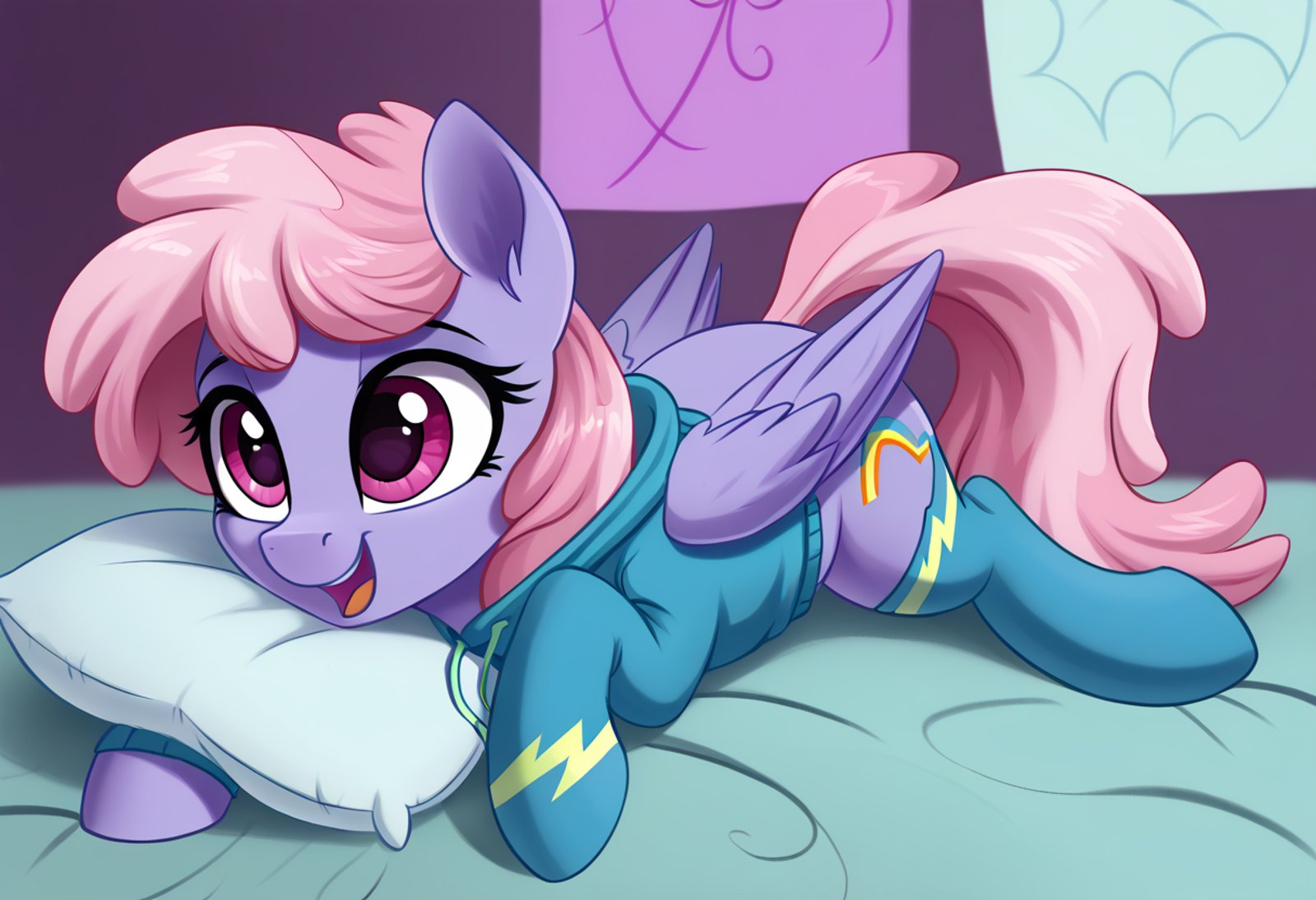 score_9, score_8_up, score_7_up, score_6_up, score_5_up, score_4_up, rainbowshine, pegasus, pony, mare, female, solo, clothes, colored, cute, g4, high res, hoodie, open mouth, pillow, socks, stockings, thigh highs, wonderbolts, wing hold, detailed, beautiful, <lora:Rainbowshine:1>, <lora:Wholesome_MLP-v1.2:1>