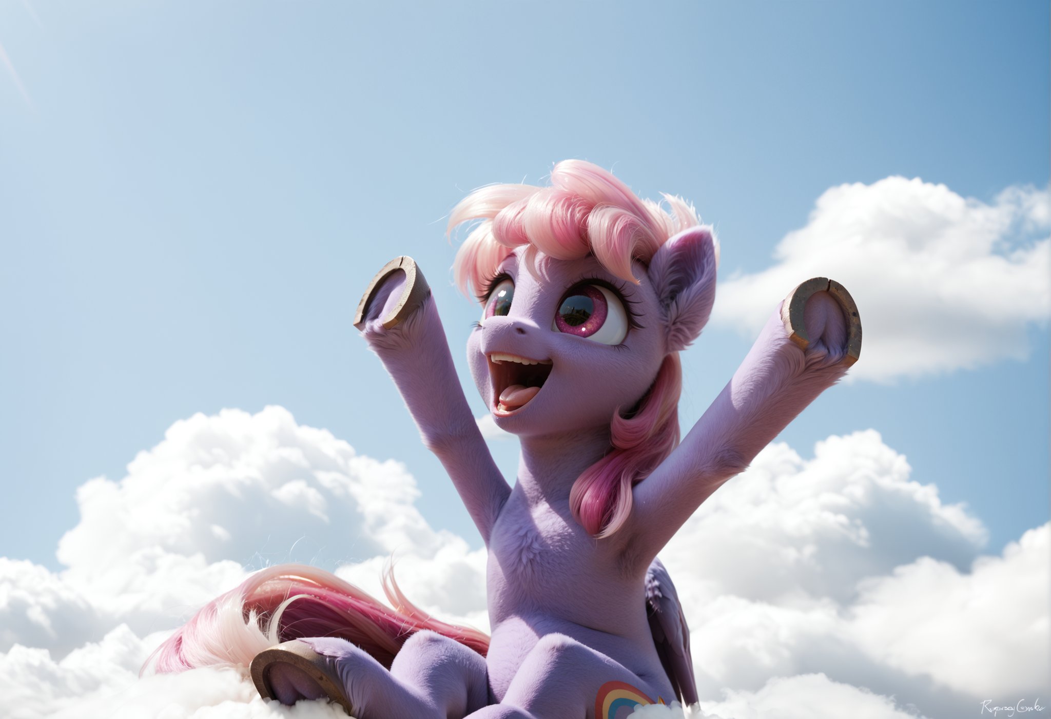 score_9, score_8_up, score_7_up, score_6_up, score_5_up, score_4_up, rainbowshine, pegasus, pony, mare, female, solo, portrait, rainbowshining, hooves in air, waving arms, underhoof, front legs in air, (looking up:1.2), happy, sitting on cloud, cloud, joy, detailed, beautiful, (fur:0.9), big eyes, realistic, photo, detailed, beautiful, detailed background, <lora:Rainbowshine:1>, <lora:Wholesome_MLP-v1.0:0.3>