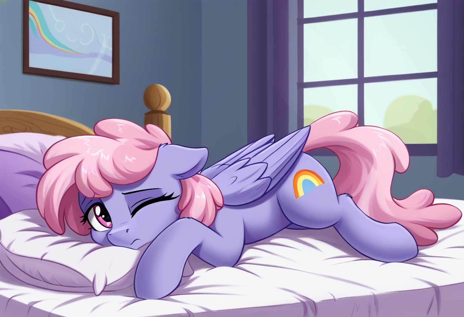 score_9, score_8_up, score_7_up, score_6_up, score_5_up, score_4_up, rainbowshine, pegasus, pony, mare, female, solo, bed, bedroom, cute, g4, high res, pillow, sleepy, window, wings, indoors, lying down, one eye closed, on bed, folded wings, translucent tail, lying on bed, detailed, beautiful, <lora:Rainbowshine:1>, <lora:Wholesome_MLP-v1.2:1>