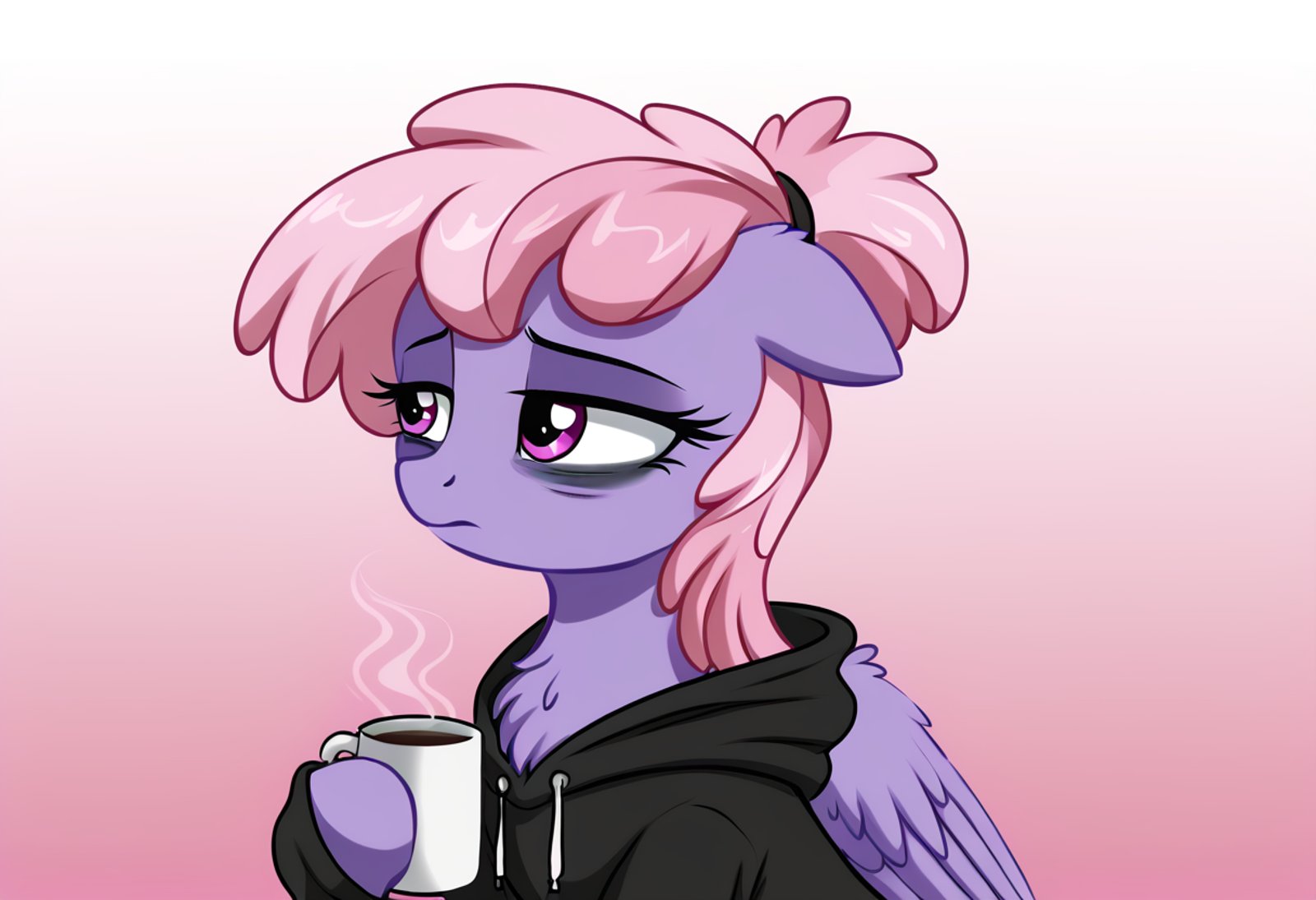 score_9, score_8_up, score_7_up, score_6_up, score_5_up, score_4_up, rainbowshine, pegasus, pony, mare, female, solo, alternate hairstyle, chest fluff, clothes, coffee mug, g4, hoodie, mug, sleepy, teddy bear, bags under eyes, gradient background, detailed, beautiful, <lora:Rainbowshine:1>, <lora:Wholesome_MLP-v1.2:1>