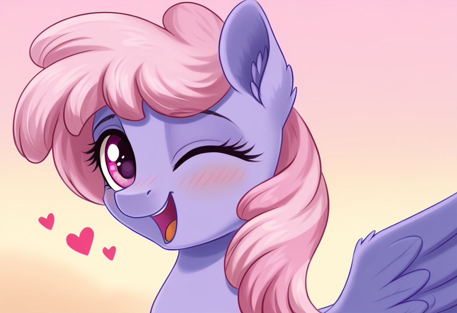 score_9, score_8_up, score_7_up, score_6_up, score_5_up, score_4_up, rainbowshine, pegasus, pony, mare, female, solo, blushing, bust, cute, g4, heart, looking at you, open mouth, photoshop, portrait, pretty princess, princess, wink, ear fluff, one eye closed, detailed, beautiful, <lora:Rainbowshine:1>, <lora:Wholesome_MLP-v1.2:1>