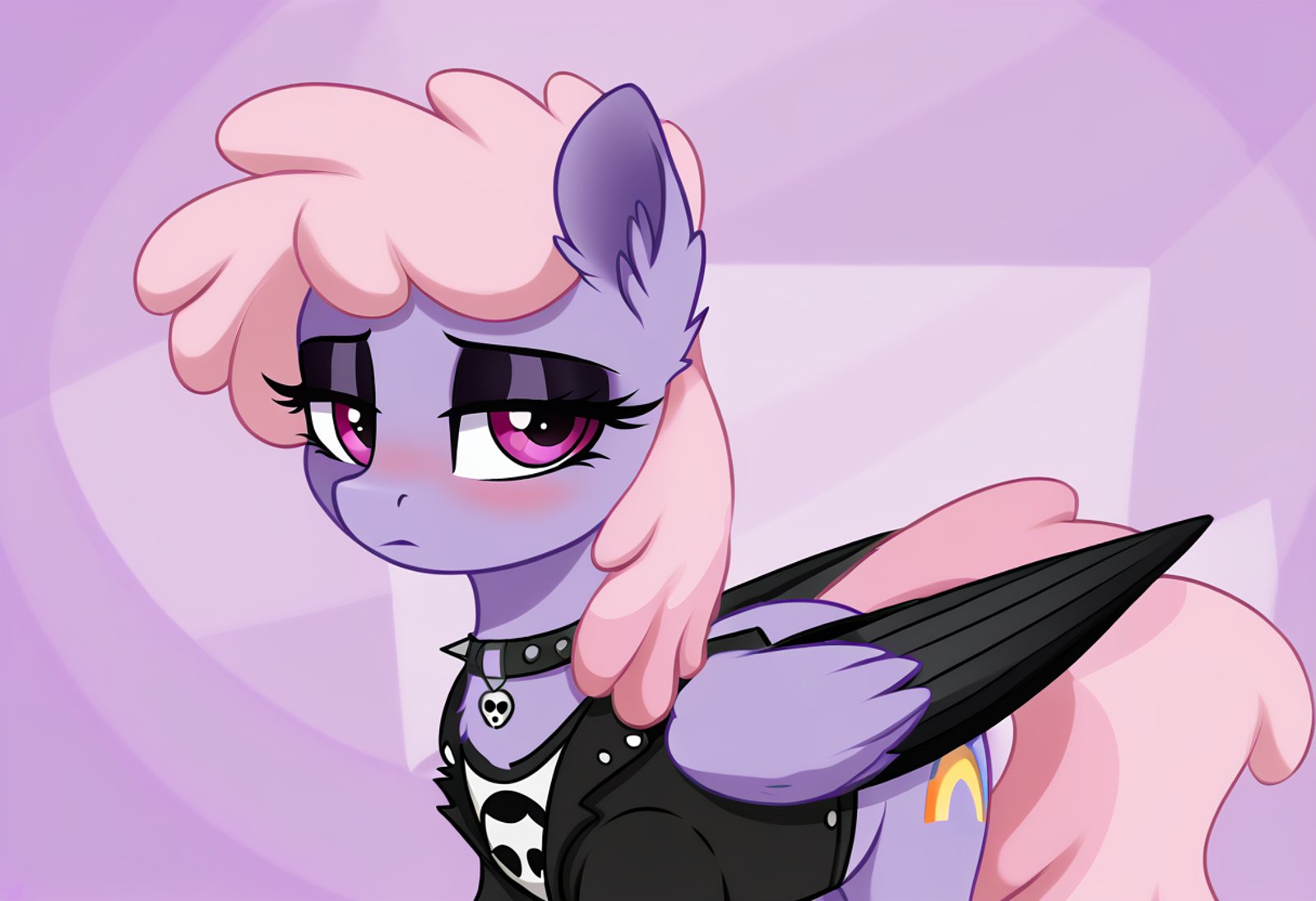 score_9, score_8_up, score_7_up, score_6_up, score_5_up, score_4_up, rainbowshine, pegasus, pony, mare, female, solo, blushing, clothes, eyeshadow, g4, goth, high res, looking at you, makeup, ear fluff, abstract background, lidded eyes, colored wings, colored wingtips, season 7, wing fluff, honest apple, detailed, beautiful, <lora:Rainbowshine:1>, <lora:Wholesome_MLP-v1.2:1>