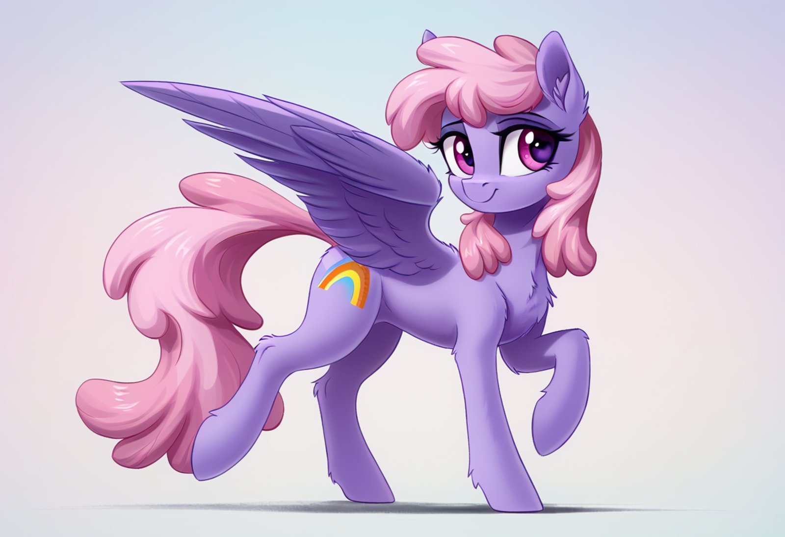 score_9, score_8_up, score_7_up, score_6_up, score_5_up, score_4_up, rainbowshine, pegasus, pony, mare, female, solo, chest fluff, g4, raised hoof, slender, ear fluff, raised leg, thin, leg fluff, detailed, beautiful, <lora:Rainbowshine:1>, <lora:Wholesome_MLP-v1.2:1>