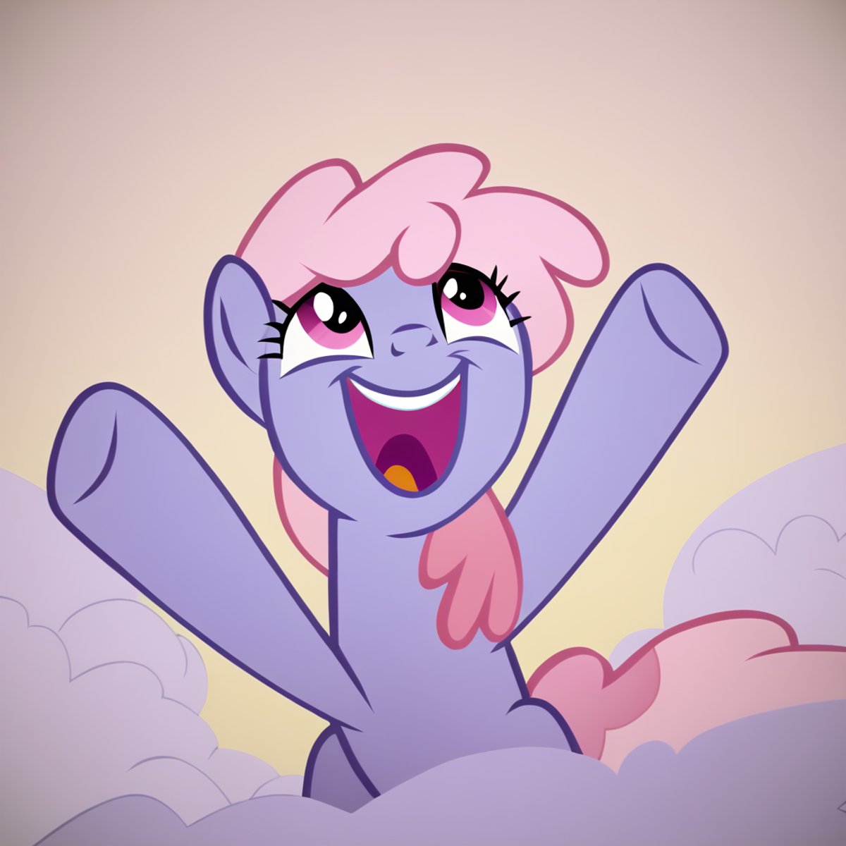 score_9, score_8_up, score_7_up, score_6_up, score_5_up, score_4_up, rainbowshine, pegasus, pony, mare, female, solo, portrait, cloud, sitting, rainbowshining, waving arms, front legs in air, joy, looking up, happy, open smile, <lora:Rainbowshine:1>, show accurate, vector, flat colors