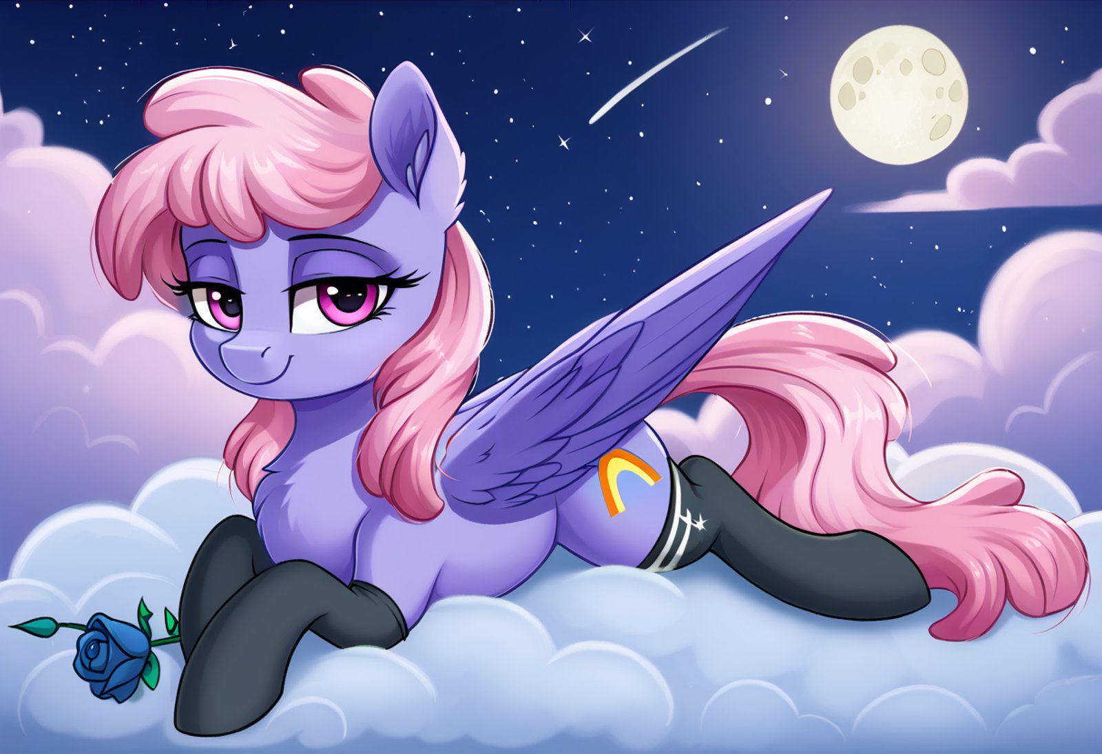 score_9, score_8_up, score_7_up, score_6_up, score_5_up, score_4_up, rainbowshine, pegasus, pony, mare, female, solo, beautiful, bedroom eyes, chest fluff, clothes, cloud, draw me like one of your french girls, flower, g4, looking at you, moon, night, prone, rose, shooting star, sky, socks, stars, wings, on a cloud, ear fluff, backlighting, lidded eyes, smiling, blue rose, detailed, beautiful, <lora:Rainbowshine:1>, <lora:Wholesome_MLP-v1.2:1>