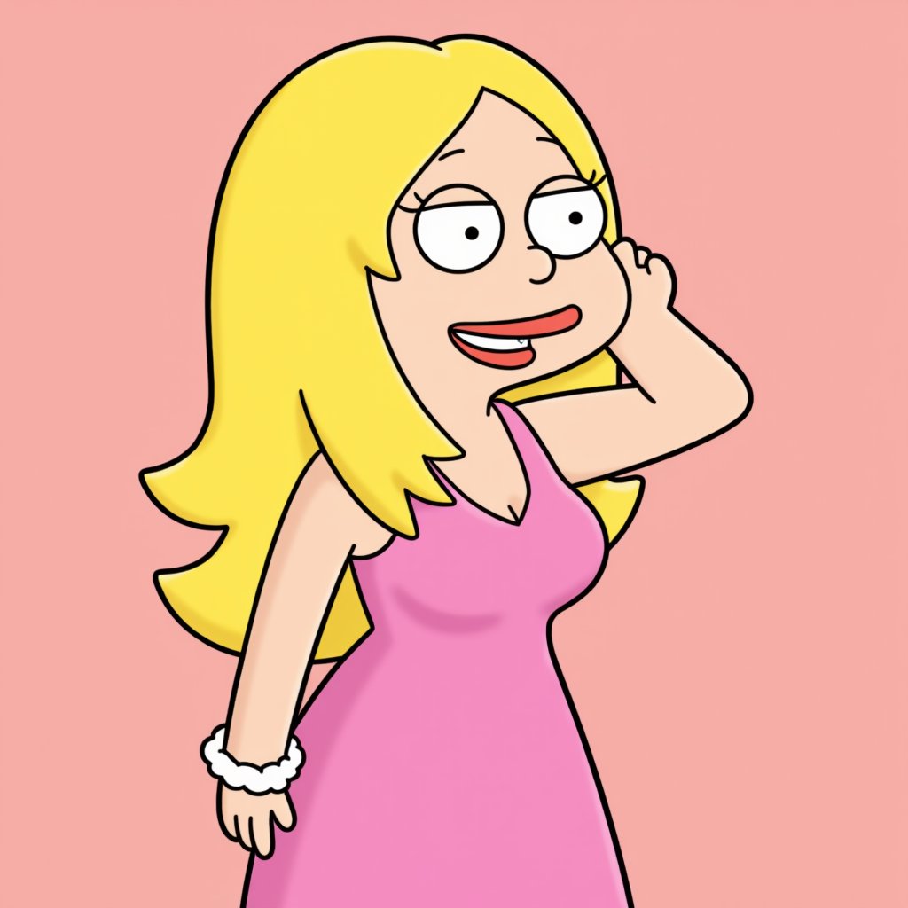 Francine,Pink dress,White bracelet,Art style of American dad,Long hair,Blonde hair,White bracelet 