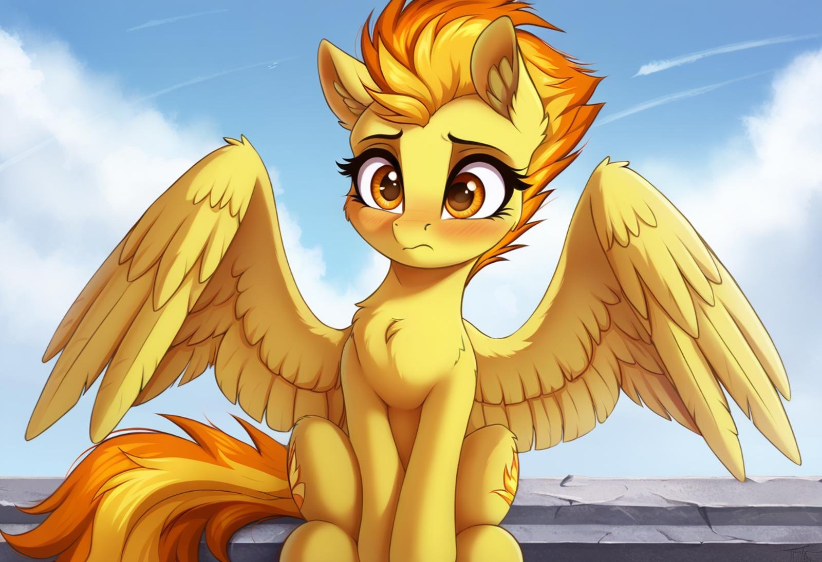 score_9, score_8_up, score_7_up, score_6_up, score_5_up, score_4_up, rating_safe, spitfire, female, mare, pegasus, pony, solo, blushing, chest fluff, cute, embarrassed, fluffy, frown, g4, high res, sitting, wings, ear fluff, wide eyes, cutefire, spread wings, cheek fluff, colored pupils, wing fluff, detailed, beautiful, detailed background, <lora:Wholesome_MLP-v1.2:1>