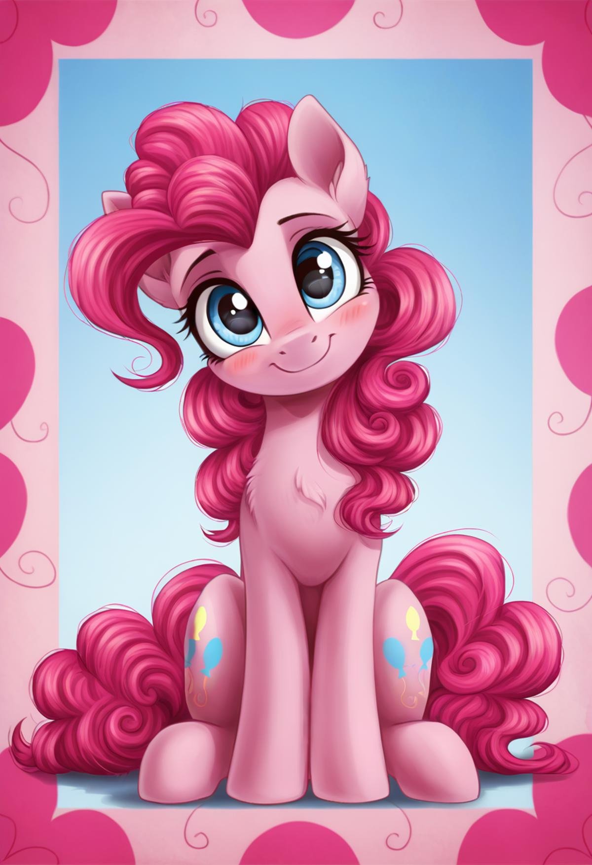 score_9, score_8_up, score_7_up, score_6_up, score_5_up, score_4_up, rating_safe, pinkie pie, earth pony, female, mare, pony, solo, blushing, c:, chest fluff, cute, g4, looking at you, sitting, head tilt, diapinkes, sweet dreams fuel, weapons-grade cute, smiling, ponk, detailed, beautiful, detailed background, <lora:Wholesome_MLP-v1.2:1>