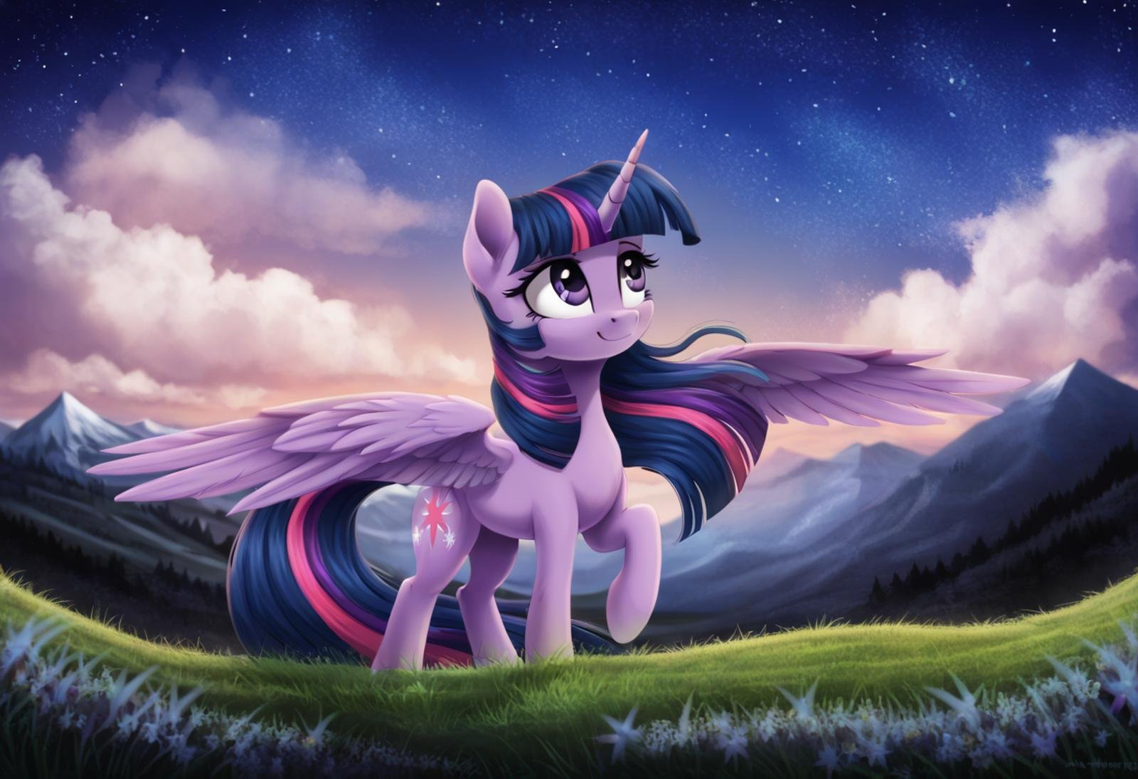 score_9, score_8_up, score_7_up, score_6_up, score_5_up, score_4_up, rating_safe, twilight sparkle, alicorn, female, mare, pony, solo, beautiful, cloud, cute, g4, grass, hill, horn, long mane, mountain, night, outdoors, raised hoof, scenery, sky, starry night, stars, wallpaper, wings, bangs, looking up, scenery porn, looking away, twiabetes, twilight \(astronomy\), smiling, spread wings, starry sky, art, twilight sparkle \(alicorn\), detailed, beautiful, detailed background, <lora:Wholesome_MLP-v1.2>