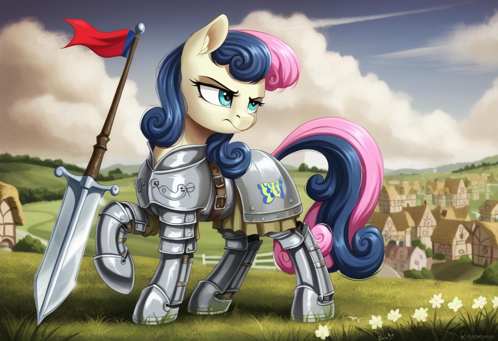 score_9, score_8_up, score_7_up, score_6_up, score_5_up, score_4_up, rating_safe, sweetie drops, bon bon, earth pony, pony, solo, armor, france, g4, jousting, knight, lance, medieval, smug, weapon, amused, bon bon is amused, detailed, beautiful, <lora:Wholesome_MLP-v1.2>