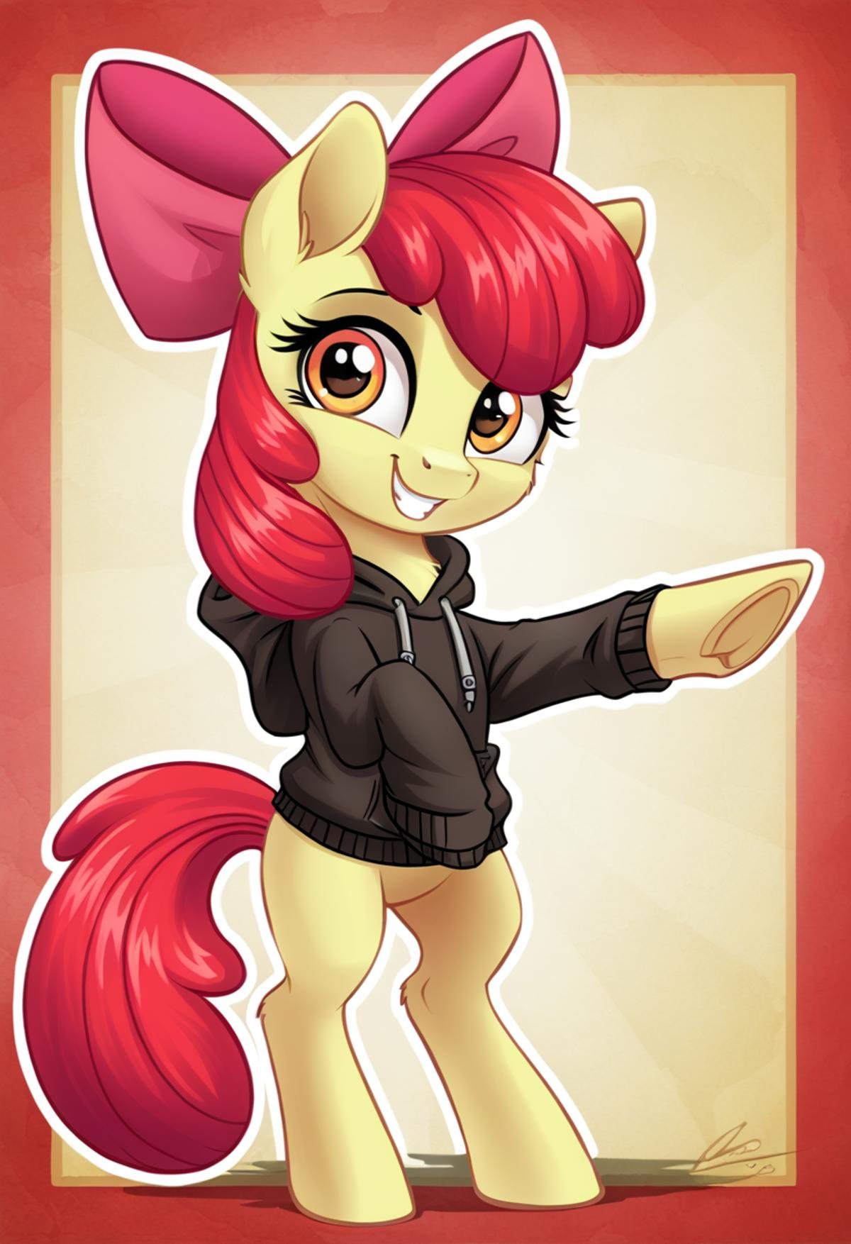 score_9, score_8_up, score_7_up, score_6_up, score_5_up, score_4_up, rating_safe, apple bloom, earth pony, female, pony, solo, bipedal, bow, clothes, cute, filly, foal, g4, grin, hoodie, looking at you, pointing, sweater, underhoof, sweet dreams fuel, smiling, adorabloom, pointing at you, detailed, beautiful, detailed background, <lora:Wholesome_MLP-v1.2:1>