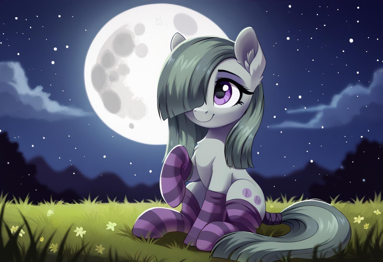 score_9, score_8_up, score_7_up, score_6_up, score_5_up, score_4_up, rating_safe, marble pie, earth pony, female, mare, pony, solo, clothes, cute, eyebrows, g4, grass, high res, moon, night, raised hoof, sitting, sky, socks, tail, tail wrap, full moon, ear fluff, striped socks, night sky, marblebetes, smiling, hair over one eye, detailed, beautiful, <lora:Wholesome_MLP-v1.2>