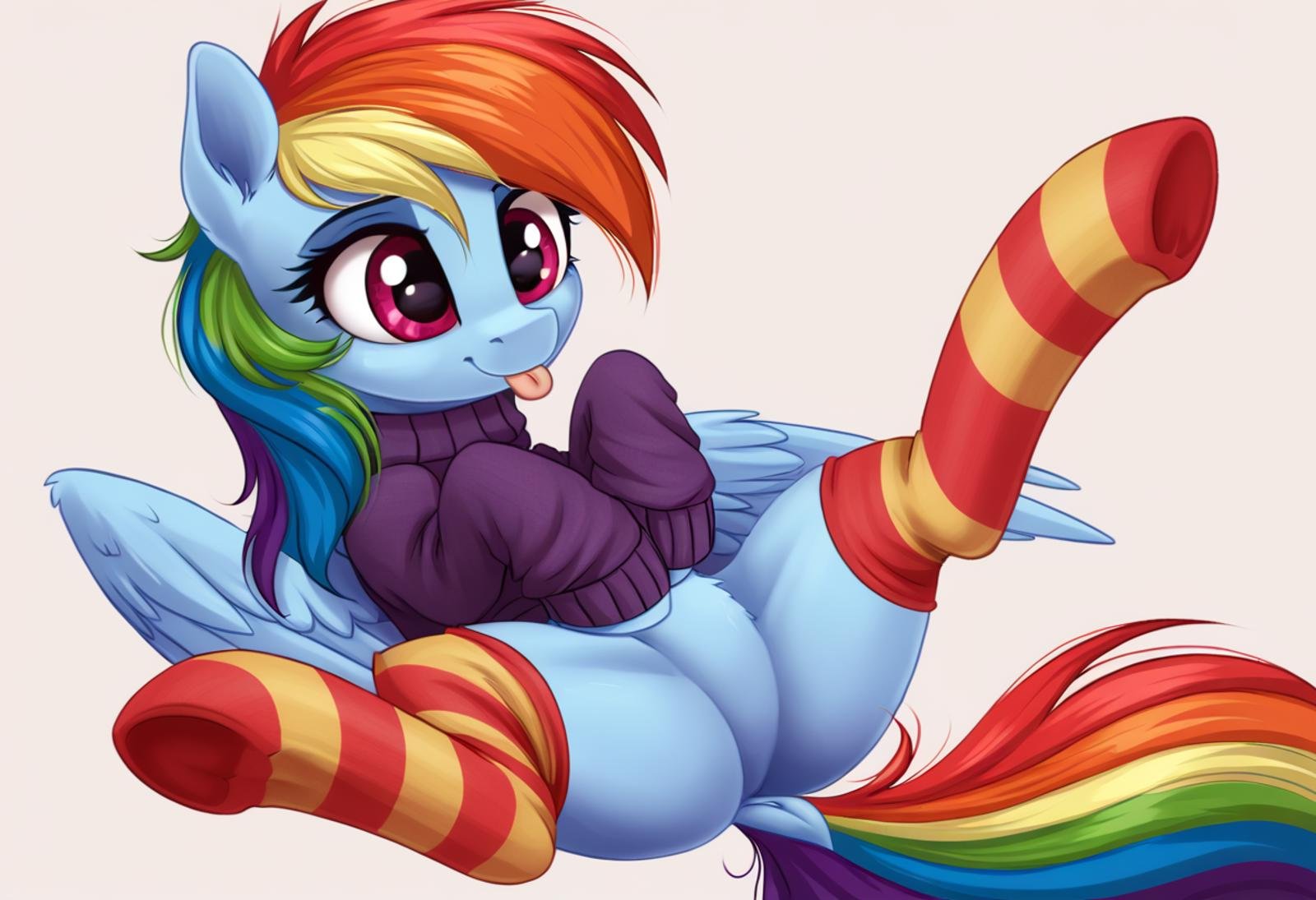 score_9, score_8_up, score_7_up, score_6_up, score_5_up, score_4_up, rating_safe, rainbow dash, female, pegasus, pony, solo, clothes, colored, cute, dock, g4, on back, socks, sweater, thigh highs, tongue out, dashabetes, striped socks, detailed, beautiful, <lora:Wholesome_MLP-v1.2>