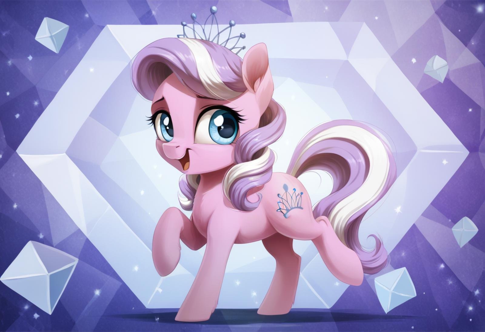 score_9, score_8_up, score_7_up, score_6_up, score_5_up, score_4_up, rating_safe, diamond tiara, earth pony, female, pony, solo, filly, g4, open mouth, raised hoof, detailed, beautiful, detailed background, <lora:Wholesome_MLP-v1.2:1>