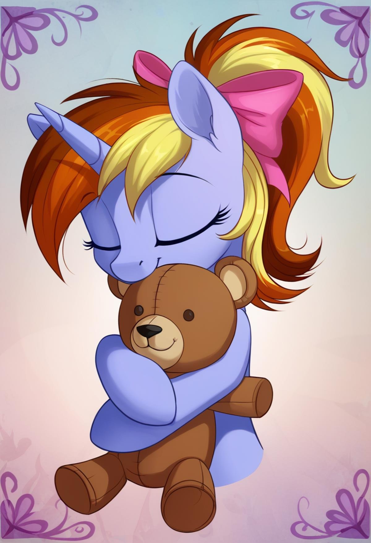 score_9, score_8_up, score_7_up, score_6_up, score_5_up, score_4_up, rating_safe, female, pony, solo, unicorn, cute, daaaaaaaaaaaw, eyes closed, hug, oc, ponytail, ribbon, teddy bear, oc only, sweet dreams fuel, smiling, oc:pummela, detailed, beautiful, detailed background, <lora:Wholesome_MLP-v1.2:1>