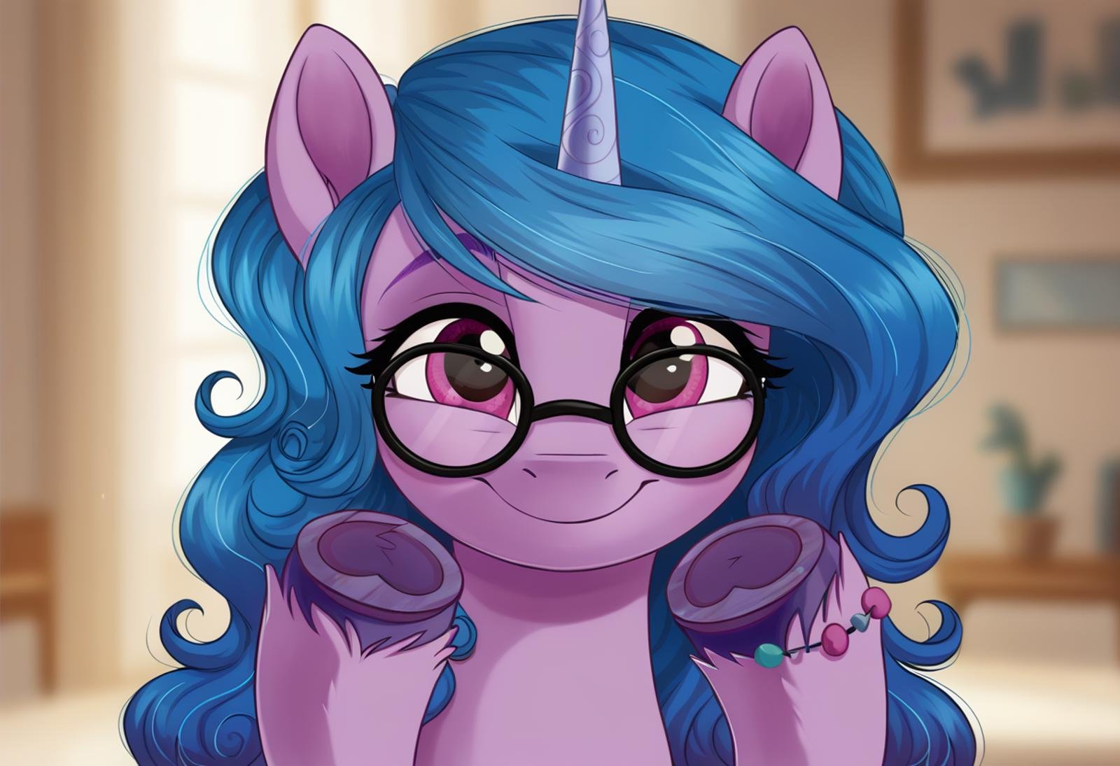 score_9, score_8_up, score_7_up, score_6_up, score_5_up, score_4_up, rating_safe, izzy moonbow, female, g5, mare, pony, solo, unicorn, bust, cute, glasses, high res, looking at you, portrait, unshorn fetlocks, underhoof, scene interpretation, smiling, front view, full face view, adjusting glasses, round glasses, blurry background, izzybetes, fit right in \(g5\), detailed, beautiful, detailed background, <lora:Wholesome_MLP-v1.2:1>