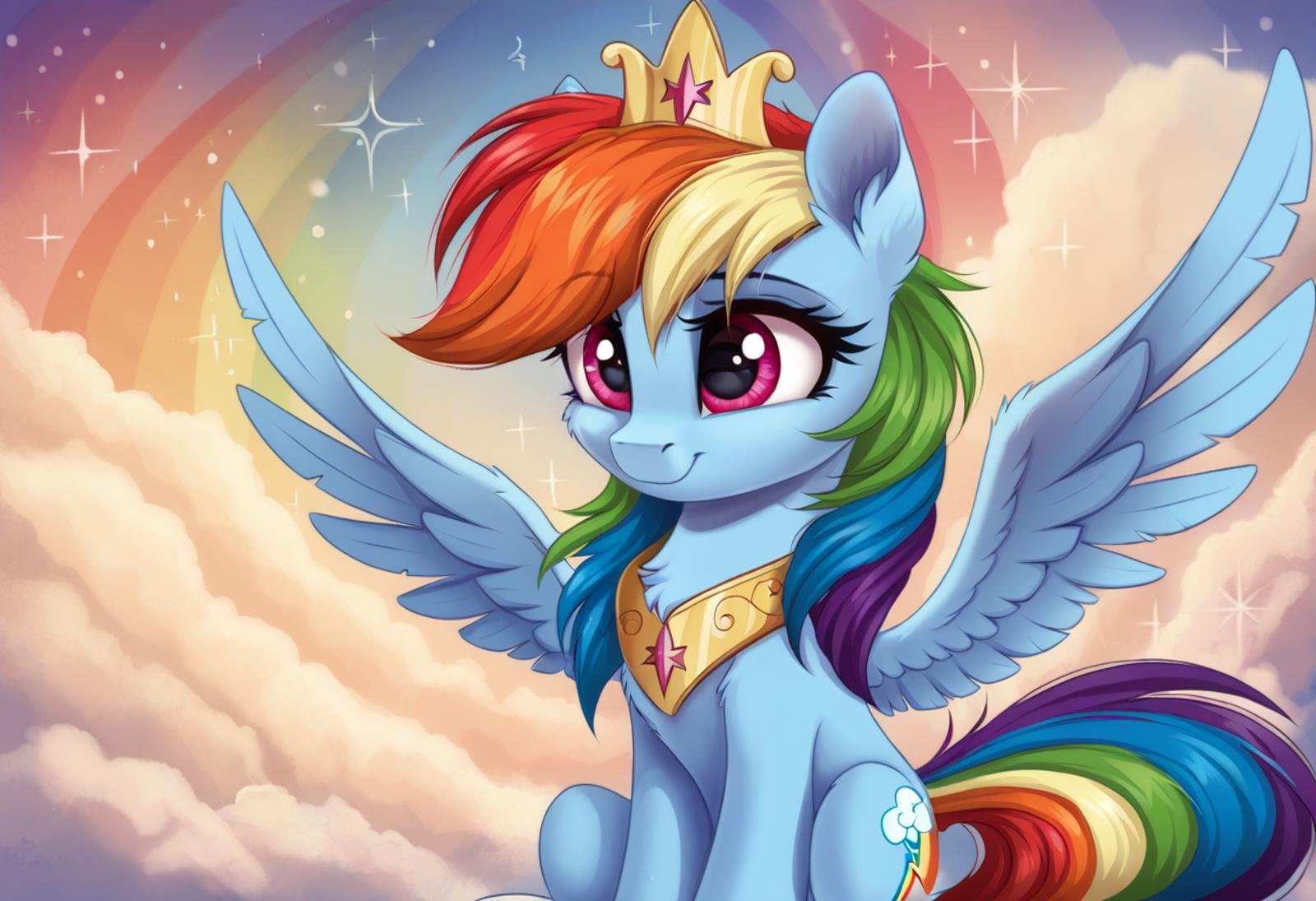 score_9, score_8_up, score_7_up, score_6_up, score_5_up, score_4_up, rating_safe, rainbow dash, female, mare, pegasus, pony, solo, chest fluff, crown, cute, eyelashes, g4, jewelry, sitting, sparkles, tail, wings, regalia, princess rainbow dash, ear fluff, dashabetes, spread wings, cheek fluff, detailed, beautiful, detailed background, <lora:Wholesome_MLP-v1.2:1>