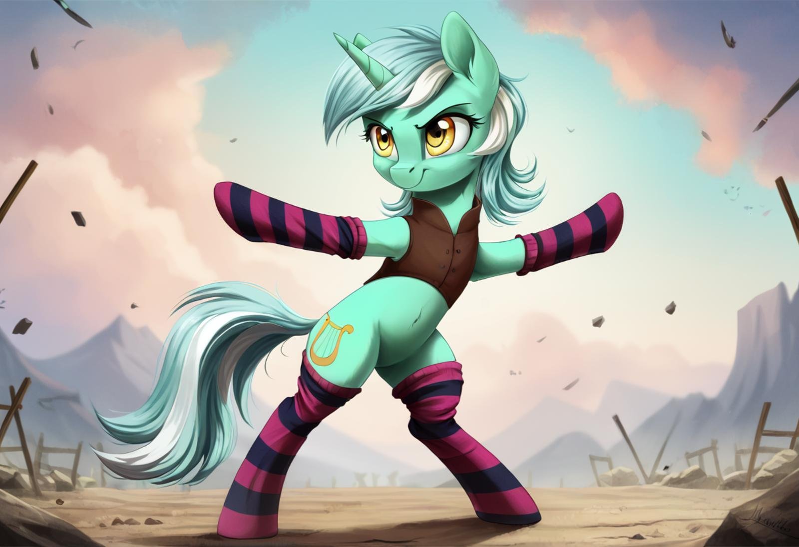 score_9, score_8_up, score_7_up, score_6_up, score_5_up, score_4_up, rating_safe, lyra heartstrings, female, pony, solo, bipedal, clothes, cute, g4, socks, fighting stance, lyrabetes, striped socks, detailed, beautiful, <lora:Wholesome_MLP-v1.2>