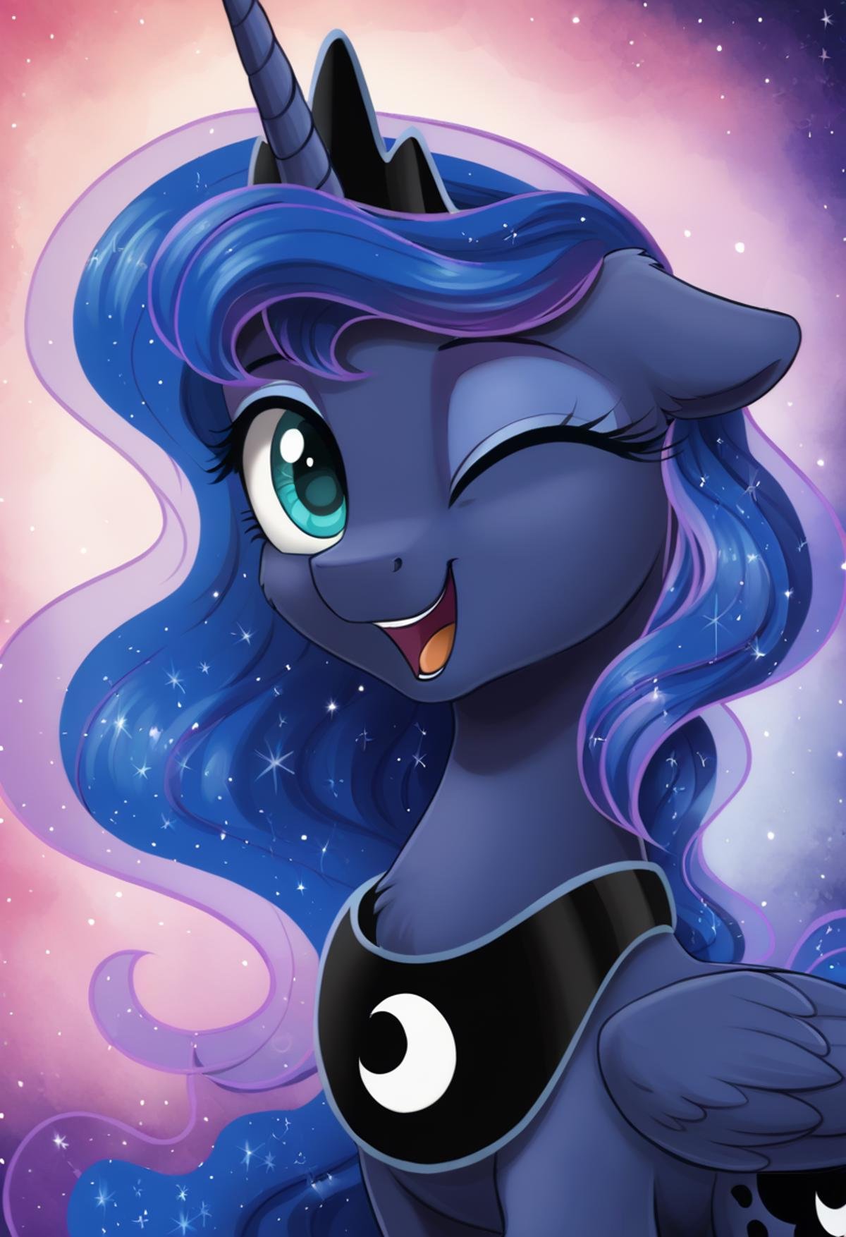 score_9, score_8_up, score_7_up, score_6_up, score_5_up, score_4_up, rating_safe, princess luna, alicorn, female, mare, pony, solo, cute, floppy ears, g4, looking at you, open mouth, wink, one eye closed, sweet dreams fuel, lunabetes, smiling, detailed, beautiful, detailed background, <lora:Wholesome_MLP-v1.2:1>