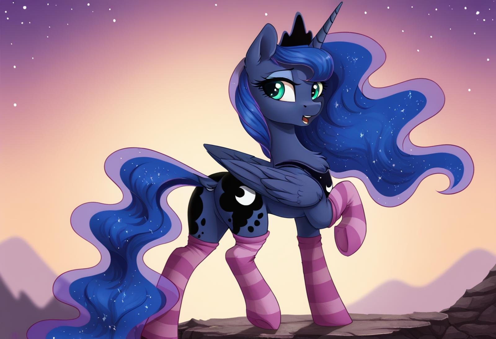 score_9, score_8_up, score_7_up, score_6_up, score_5_up, score_4_up, rating_safe, princess luna, alicorn, female, mare, pony, solo, chest fluff, clothes, dock, g4, looking back, missing accessory, open mouth, socks, raised leg, striped socks, both cutie marks, stupid sexy princess luna, detailed, beautiful, <lora:Wholesome_MLP-v1.2>