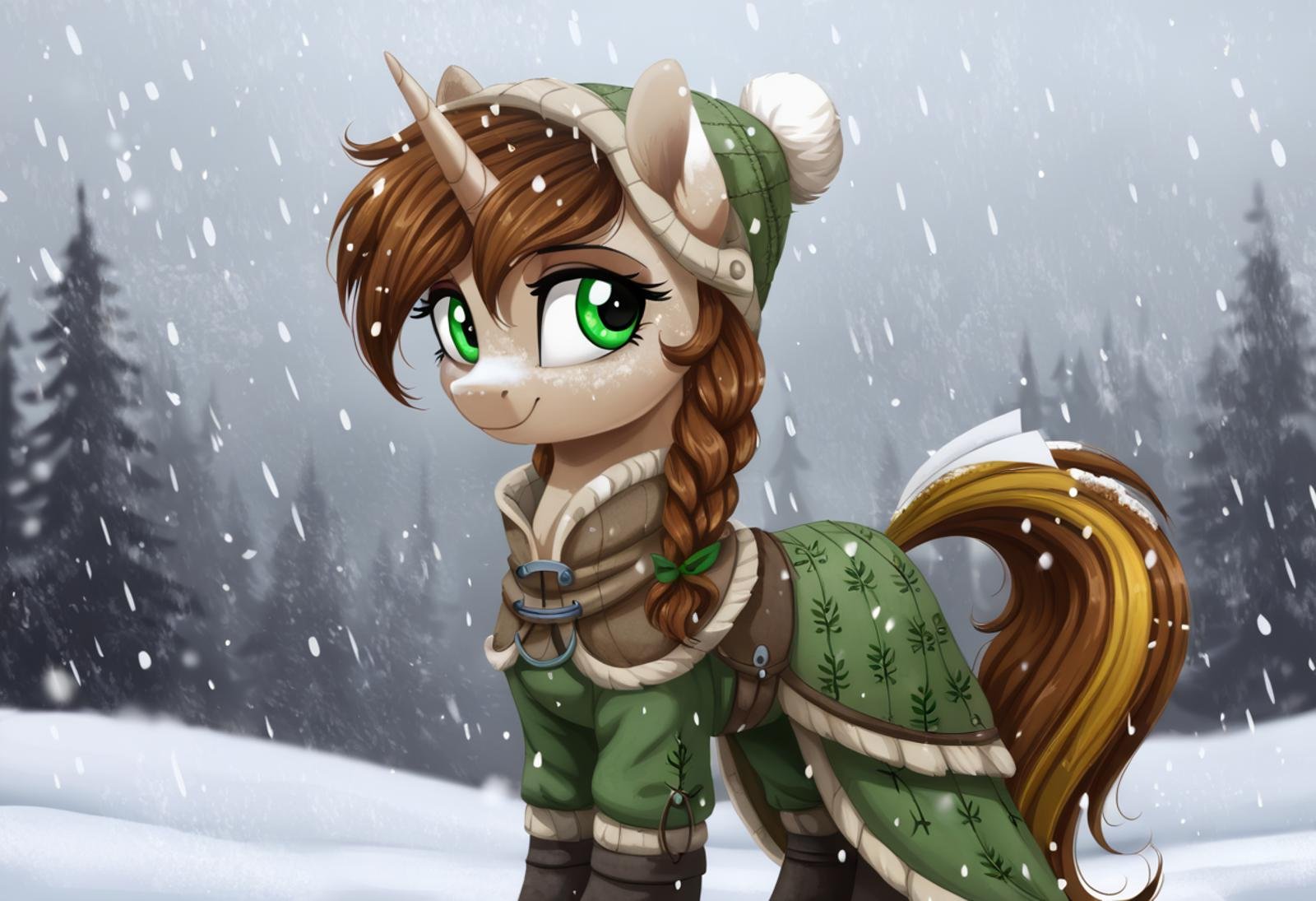 score_9, score_8_up, score_7_up, score_6_up, score_5_up, score_4_up, rating_safe, pony, solo, green eyes, medieval, oc, snow, vintage, brown mane, oc only, snowfall, oc:leafhelm, paper texture, dark age, detailed, beautiful, <lora:Wholesome_MLP-v1.2>