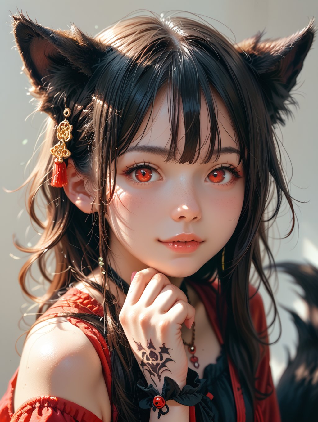 score_9, score_8_up, score_7_up,perfect eyes, kitsune, werewolf, red eyes, black skin, pretty girl, cute girl, teasing