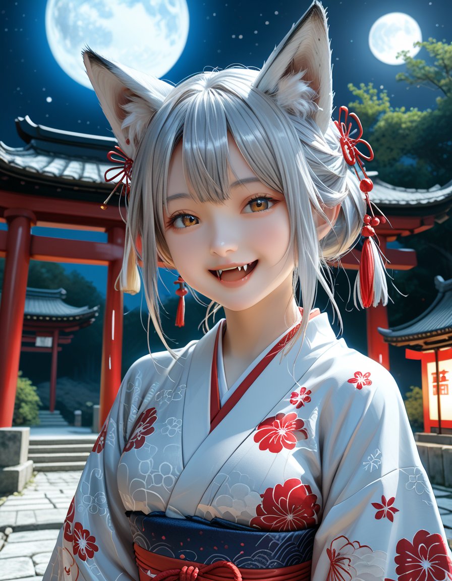 masterpiece, best_quality, BREAK,1girl,fox_ears,silver_hair,skin_fang,smile,open_mouth,kimono,hitodama, shrine,moon_night,upper_body,