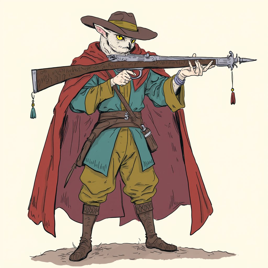 DND owlin cowboy with musket color,sketch illustration style