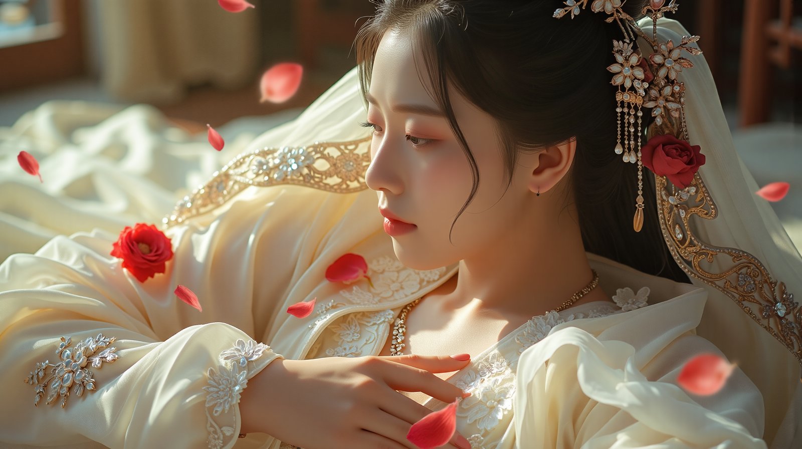 Photorealistic, cinematic, (side light:1.3), close up portrait, a woman, lie, (hand on chest:1.2), petals, rose decoration, whitw ren dress, veil, hair ornament, intricate carving jewelry, choker, ribbons, necklace, bracelet, jewelry headband, soft shadow, KOLNB,Hanfu