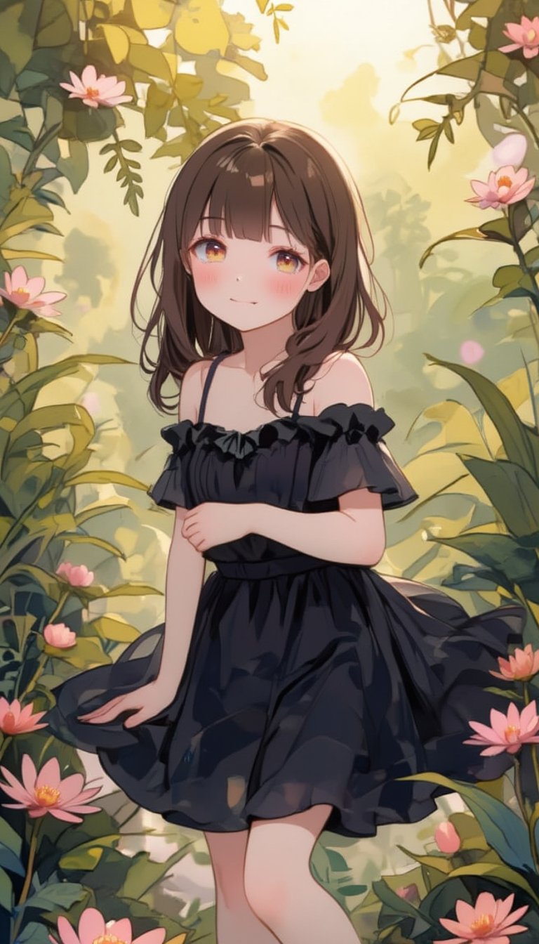 A whimsical princess, radiating an air of innocence and charm, stands amidst a vibrant flower garden bathed in warm sunshine. Her slender figure is draped in a flowing black dress, its simplicity contrasting with the fluttering butterflies that surround her. Her eyes sparkle with kindness, framed by delicate eyelids and lashes, while her hands, anatomically correct in every detail, cradle a few stray petals. The overall composition is masterful, with the princess's gentle pose and the soft focus on the garden creating a sense of serenity.,watercolor painting