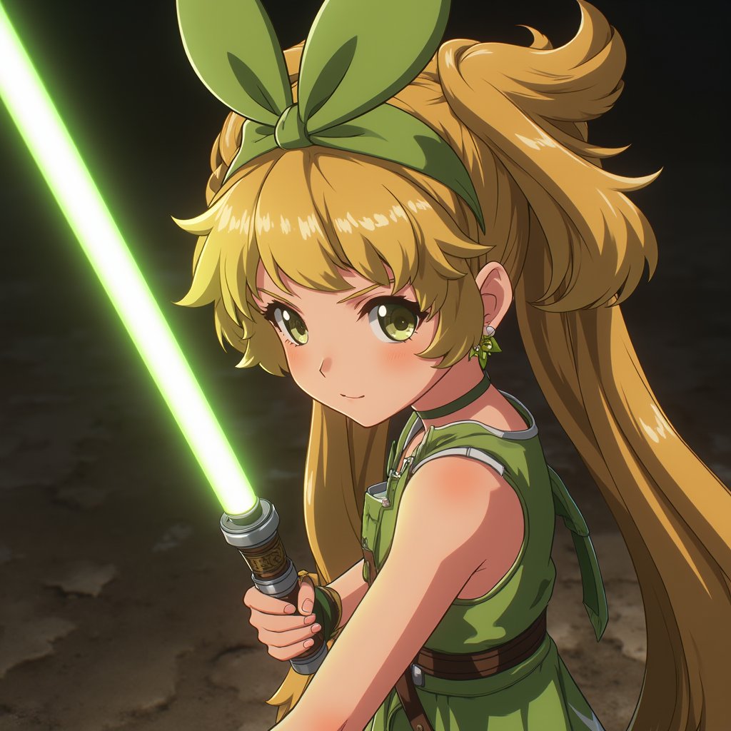 vrnwdf, A cinematic frame captures a striking anime scene: a young girl with long blonde hair, hair bow, and green dress, her gaze intense as she grips a gleaming lightsaber. Soft, warm lighting accentuates her determined expression, as if ready to face an intergalactic challenge.