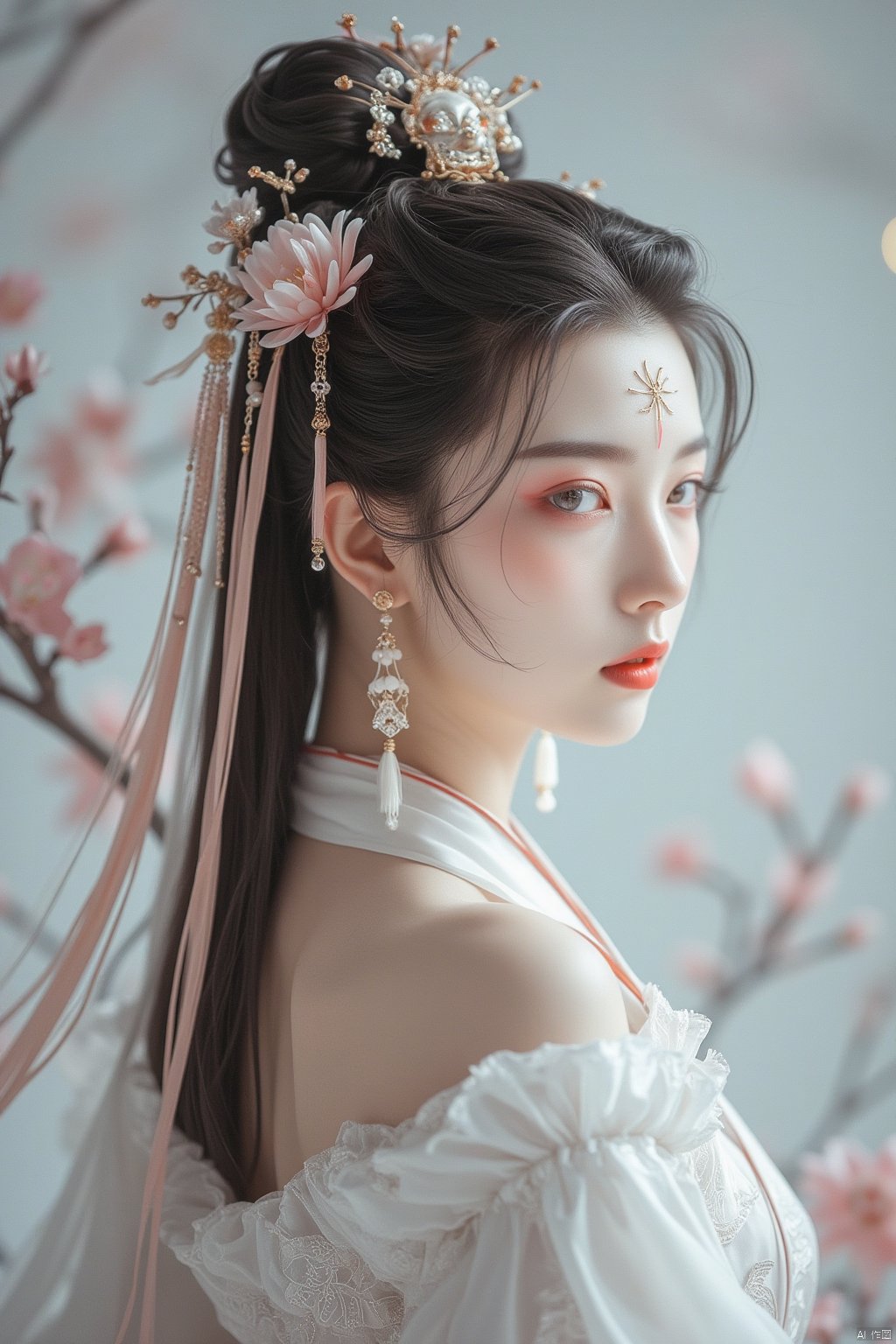 1girl, branch, solo, long hair, jewelry, earrings, hair ornament, forehead mark, dress, flower, facial mark, looking at viewer, from side, upper body, bare shoulders, chinese clothes, black hair, brown hair, white dress, hair bun, off shoulder, moon, closed mouth, expressionless, long sleeves, makeup