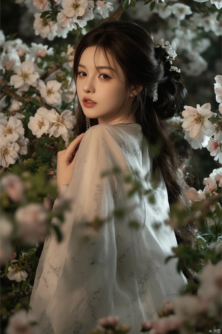 Elegant ancient Chinese woman in traditional Hanfu, standing by a blooming plum tree, under the moonlight, expression of deep longing and subtle sorrow