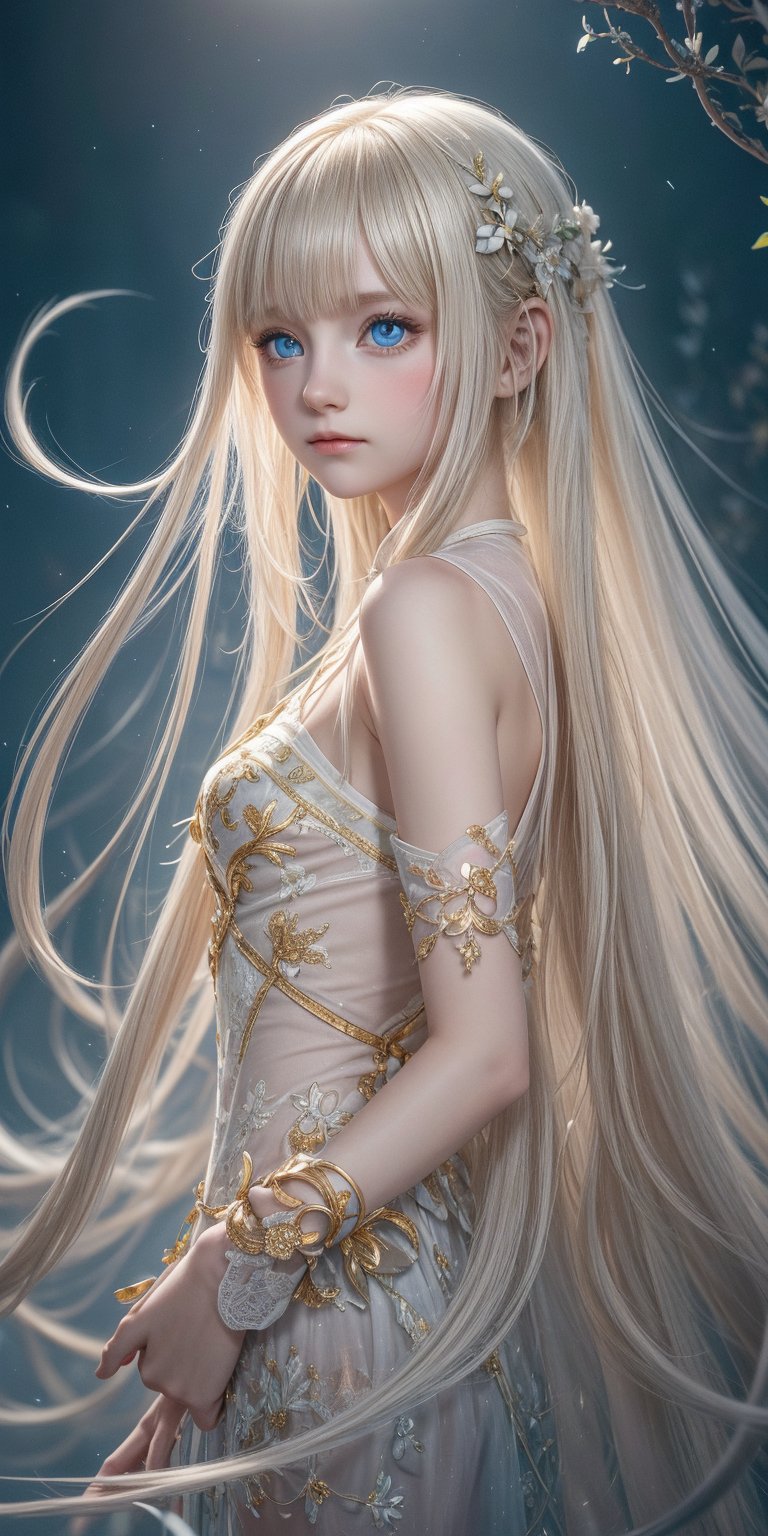 Ultra detailed realistic of a young girl lost in a magical world full of wonders, unique luminous flora never seen before, highly detailed, pastel colours, digital art, art by Mschiffer, night, dark, bioluminescence, slim, tall, perfect upper body, dynamic pose, pale skin, golden hair, blue eyes, white skin, (long flowing hair, floating hair, long hair, messy hair), ((long floating sheer)), perfect fingers, long bangs, medium shot, upper body, in the dark, deep shadow, low key, intricate fractal art