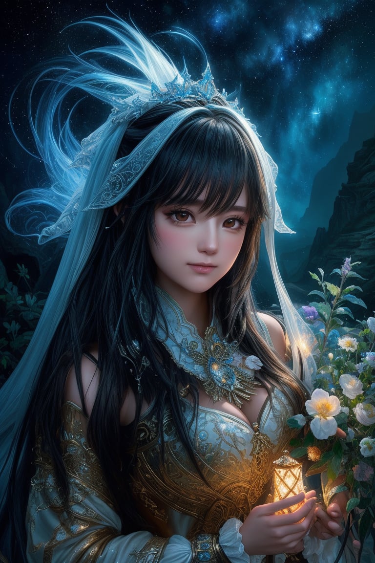 A breathtakingly beautiful digital art piece, reminiscent of Jean-Baptiste Monge's style. A single girl, her long hair flowing like a waterfall, is centered in the composition, surrounded by an intricate filigree design that shimmers with glittering lights. The rim lighting accentuates her features, casting a warm glow on her adorable face. Volumetric lighting creates depth, as rich, deep colors paint a surreal fantasy world. Sharp focus and ultra-detailed rendering bring the subject to life, akin to Dan Mumford's and Marc Simonetti's masterpieces. Astrophotography-inspired stars twinkle in the background, adding an extra layer of magic to this stunning piece of artgerm-inspired digital art.