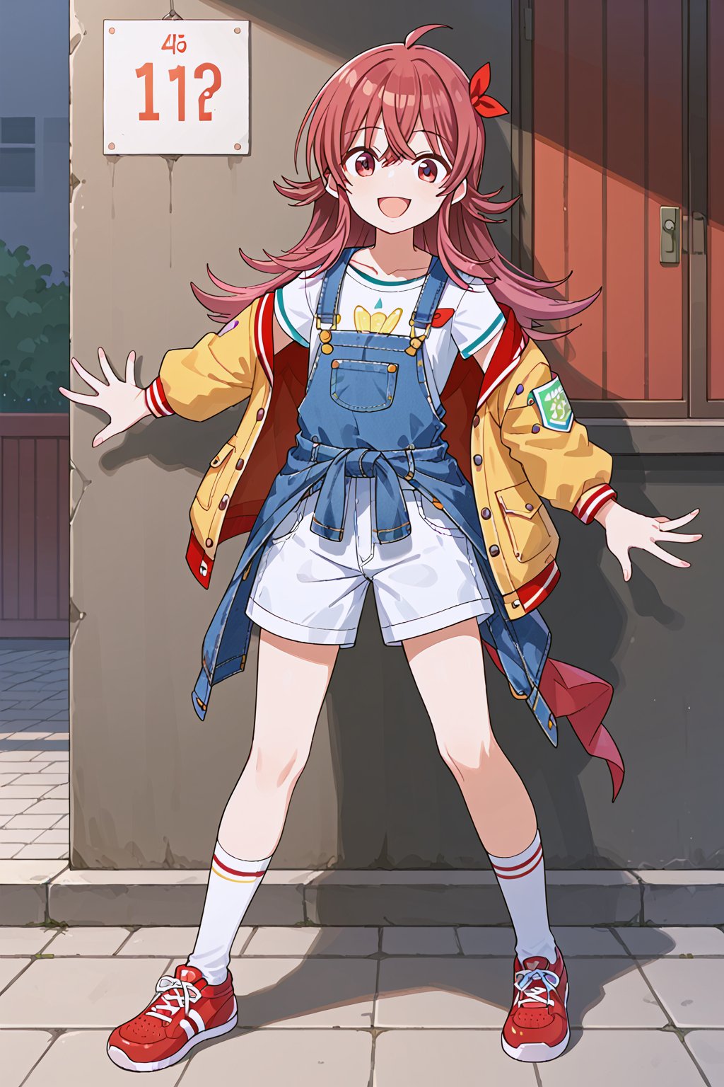 score_9, score_8_up, 1girl, masterpiece,

1girl, solo, komiya kaho, kaho_pony, looking at viewer, smile, open mouth, shirt, jacket, shoes, short, socks, white socks, red footwear, sneakers, white shorts, overalls, overall shorts
,
beautiful_female_fingers, (correct number of fingers, 4_fingers+1_thumb), (perfect hands), perfect anatomy