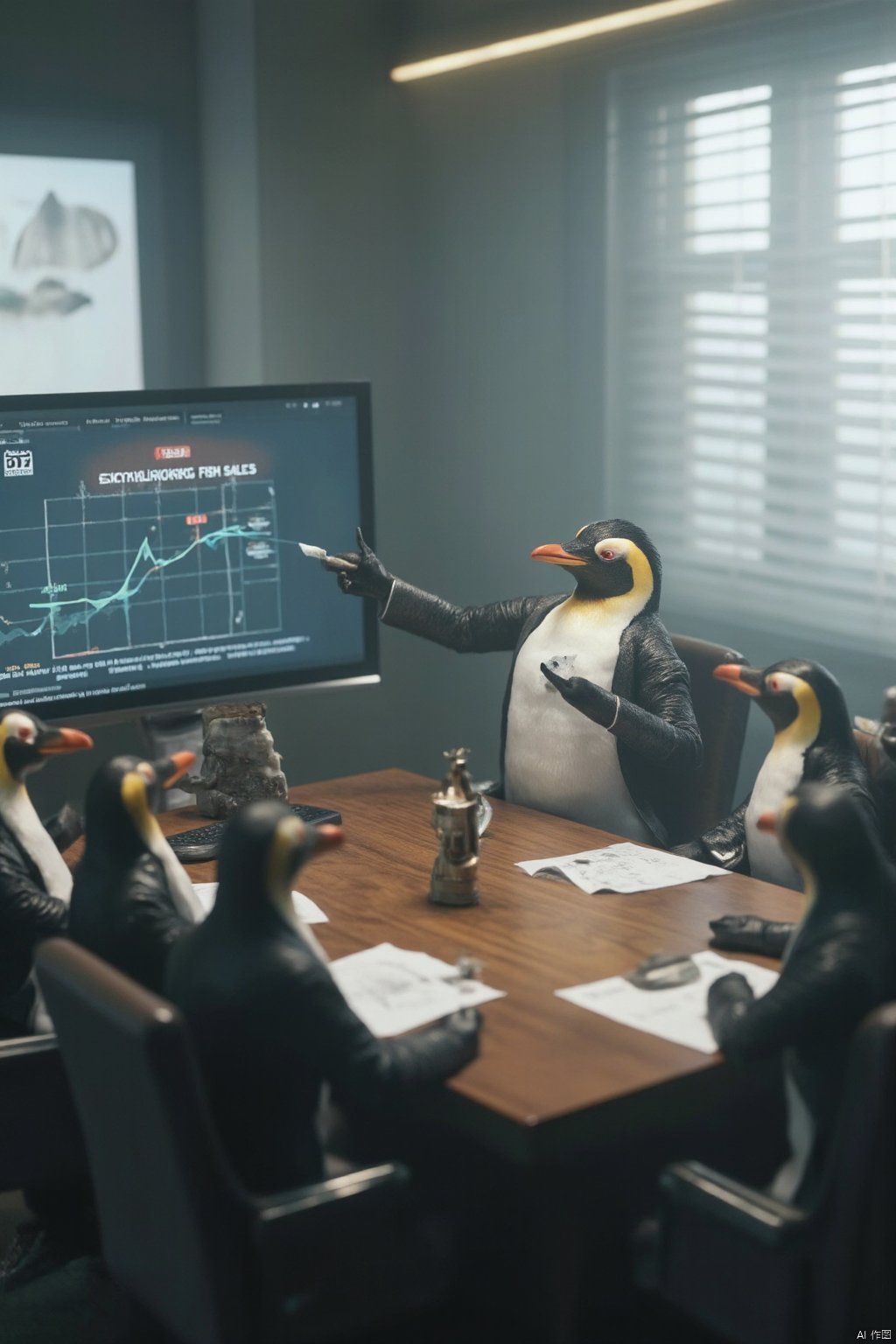 Tilt-shift photo of isometric style A serious business meeting in a high-tech conference room, but all the executives are penguins in tiny suits, one penguin at the head of the table adjusting its tie while another points at a chart with a flipper, the presentation screen showing a graph of skyrocketing fish sales, everyone around the table nodding seriously, ultra-realistic, 8k resolution, highly detailed, absurd and hilarious . vibrant, beautiful, crisp, detailed, ultra detailed, intricate . Selective focus, miniature effect, blurred background, highly detailed, vibrant, perspective control