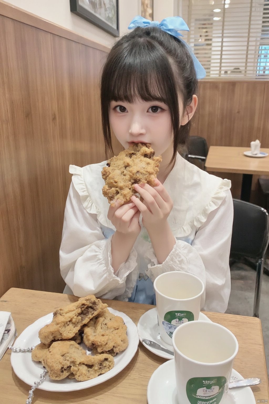 The image shows a young girl sitting at a table in a restaurant. She is wearing a white blouse and has a blue bow in her hair. The girl is holding a large cookie in her hands and is taking a bite out of it. There is a cup of coffee and a plate of cookies on the table in front of her. The background shows a wooden wall with a picture hanging on it.