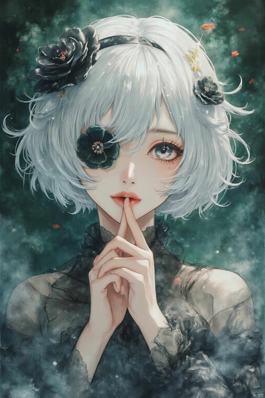 watercolor style,An Acrylic style painting that is expressive, gives it a dynamic and emotional quality. Anime art of a stylized portrait of a woman with a ethereal white and green mist surrounding her body. The mist creates a dramatic and surreal effect. A black flower, that is blooming, covering one eye, attached to the face. The woman has a cold aesthetic, complimented by her white hair. Anime art of woman draped in shadows with a lighting that enhances her unique features. The background is dark green, filled with black rose petals. Holding finger to lips, shush, shushing motion,.,Winslow Homer style