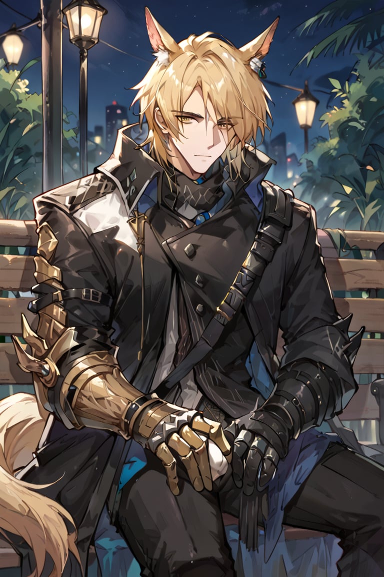 score_9, score_8_up, score_7_up, source_anime, male focus,looking at viewer, close up, sitting on bench ,night,Mlynar_arknights,

blonde hair,yellow eyes, horse ears, gauntlets, sheath, horse tail, black coat,