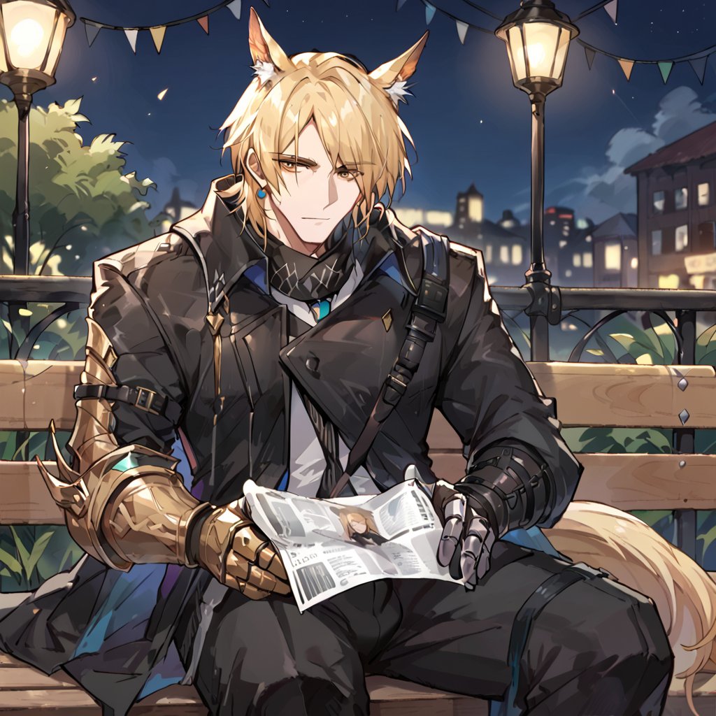 score_9, score_8_up, score_7_up, source_anime, male focus,looking at viewer, close up, sitting on bench,newspaper,night,Mlynar_arknights,
blonde hair,yellow eyes, horse ears, gauntlets, sheath, horse tail, black coat,