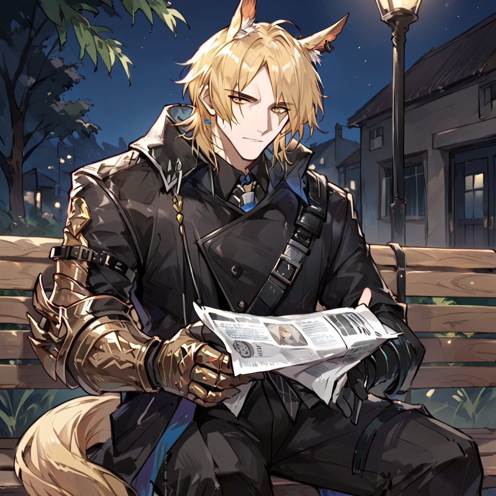 score_9, score_8_up, score_7_up, source_anime, male focus,looking at viewer, close up, sitting on bench,looking newspaper,night,Mlynar_arknights,
blonde hair,yellow eyes, horse ears, gauntlets, sheath, horse tail, black coat,