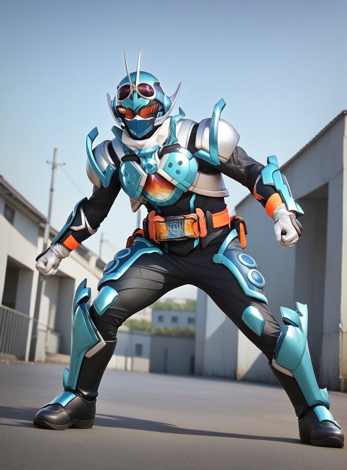 score_9, score_8_up, score_7_up, score_6_up, score_5_up, score_4_up, (puri:0.7), (qdnt:0.5), 1boy, kamenridergotchard, tokusatsu, blue armor, helmet, orange eyes, gloves, rider belt, action pose, looking at viewer, street, outside, sky