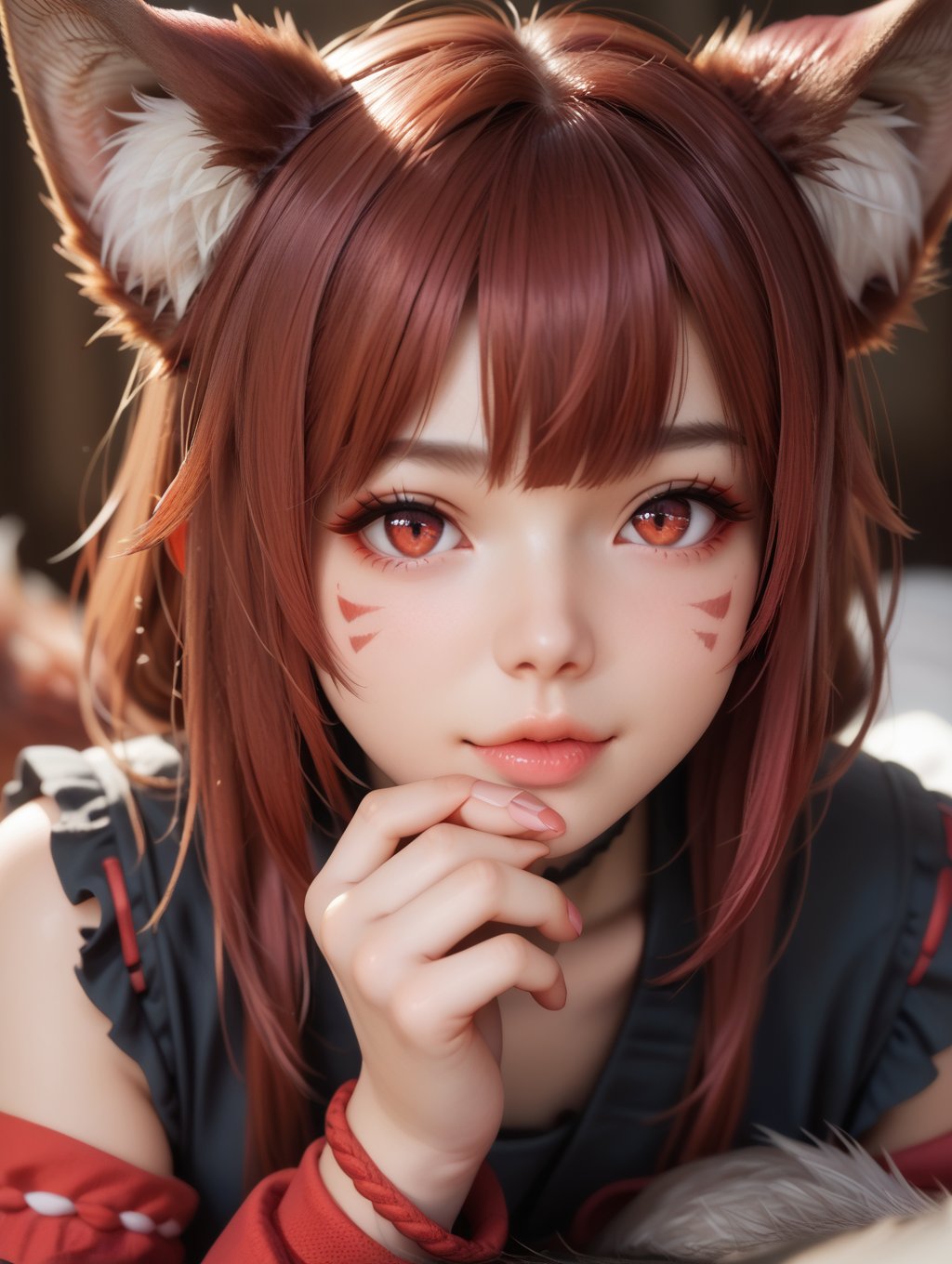 score_9, score_8_up, score_7_up,perfect eyes, kitsune, werewolf, red eyes, black skin, pretty girl, cute girl, teasing