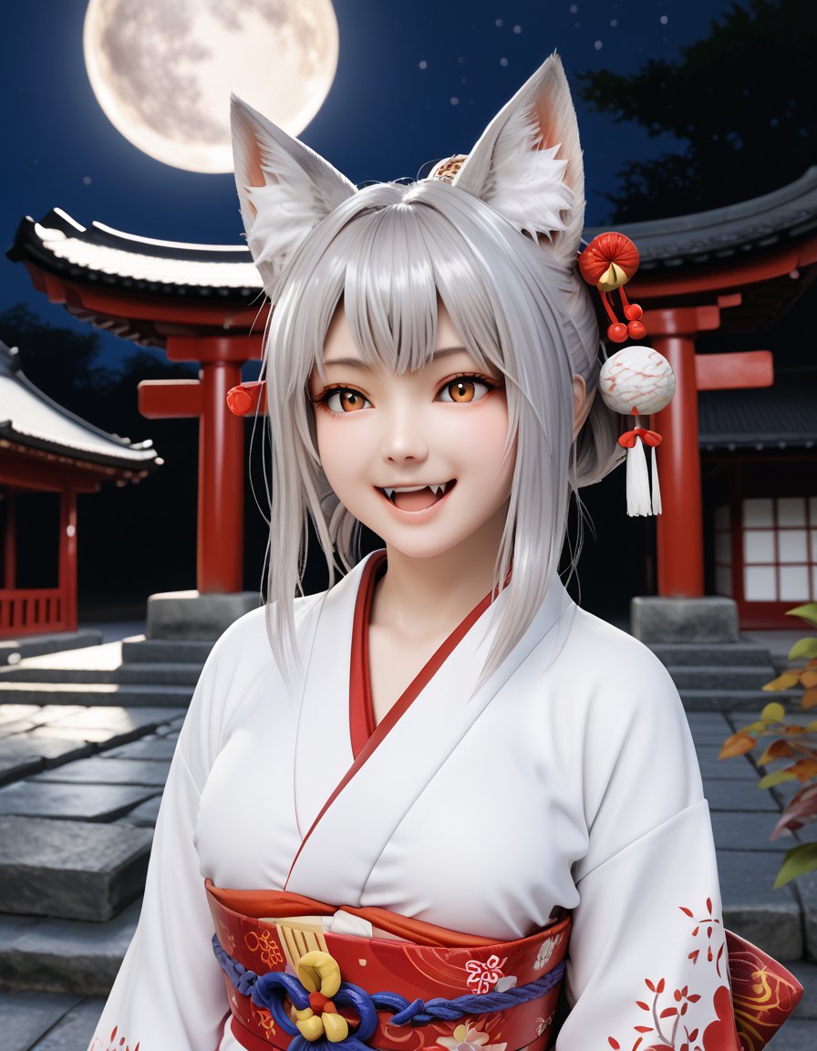 masterpiece, best_quality, BREAK,1girl,fox_ears,silver_hair,skin_fang,smile,open_mouth,kimono,hitodama, shrine,moon_night,upper_body,