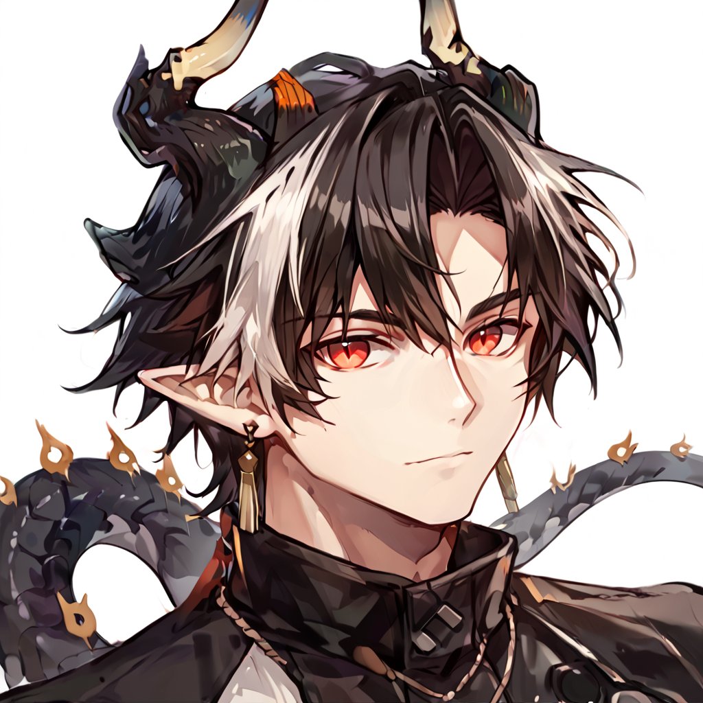 score_9, score_8_up, score_7_up, source_anime, male focus,looking at viewer, close up,Chongyue_arknights,
red eyes,
short hair,
black hair, white streaked hair,multicolored hair,
earrings, pointy ears, dragon horns, dragon tail,