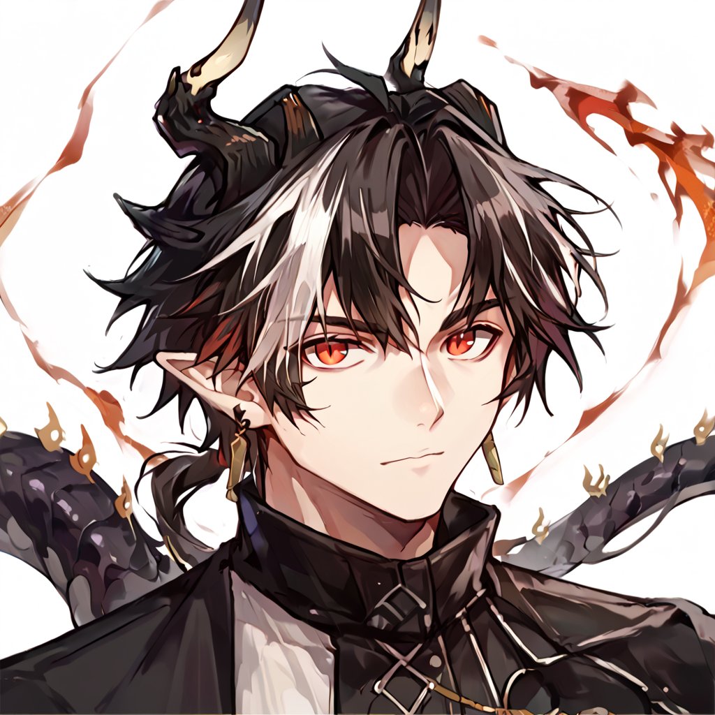 score_9, score_8_up, score_7_up, source_anime, male focus,looking at viewer, close up,Chongyue_arknights,
red eyes,
short hair,
black hair, white streaked hair, multicolored hair,
earrings, pointy ears, dragon horns, dragon tail,