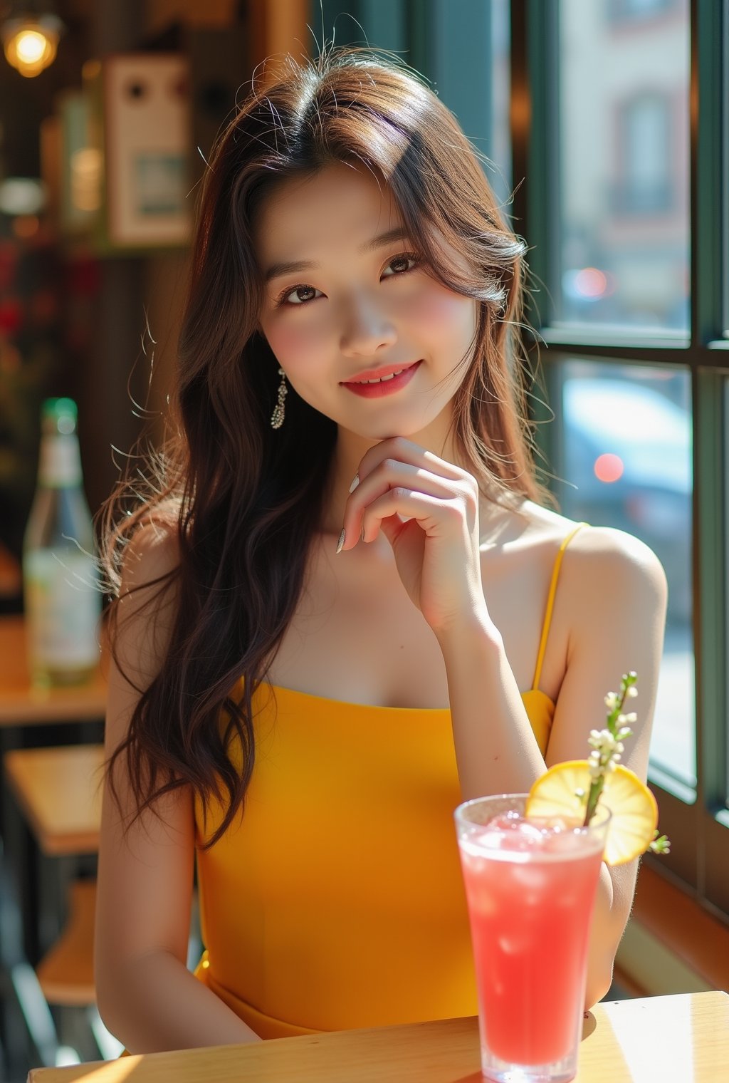 Photo of a beautiful girl in a cafe,20yo,K-pop girl,ulzzang,exquisite face,soft shiny skin,long hair naturally flowing over shoulder,gentle smile,elegant dress,[pink and yellow colors],backdrop of city street cafe,window,table,cocktail,bottle,flower,masterpiece,best quality,realistic,detailed,sharp focus,high contrast,rule of thirds,chiaroscuro lighting,ek_real_b00ster